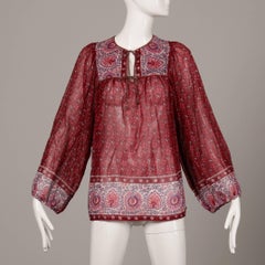 Indian Print Thin Cotton Gauze Vintage Peasant Top or Shirt, 1970s
