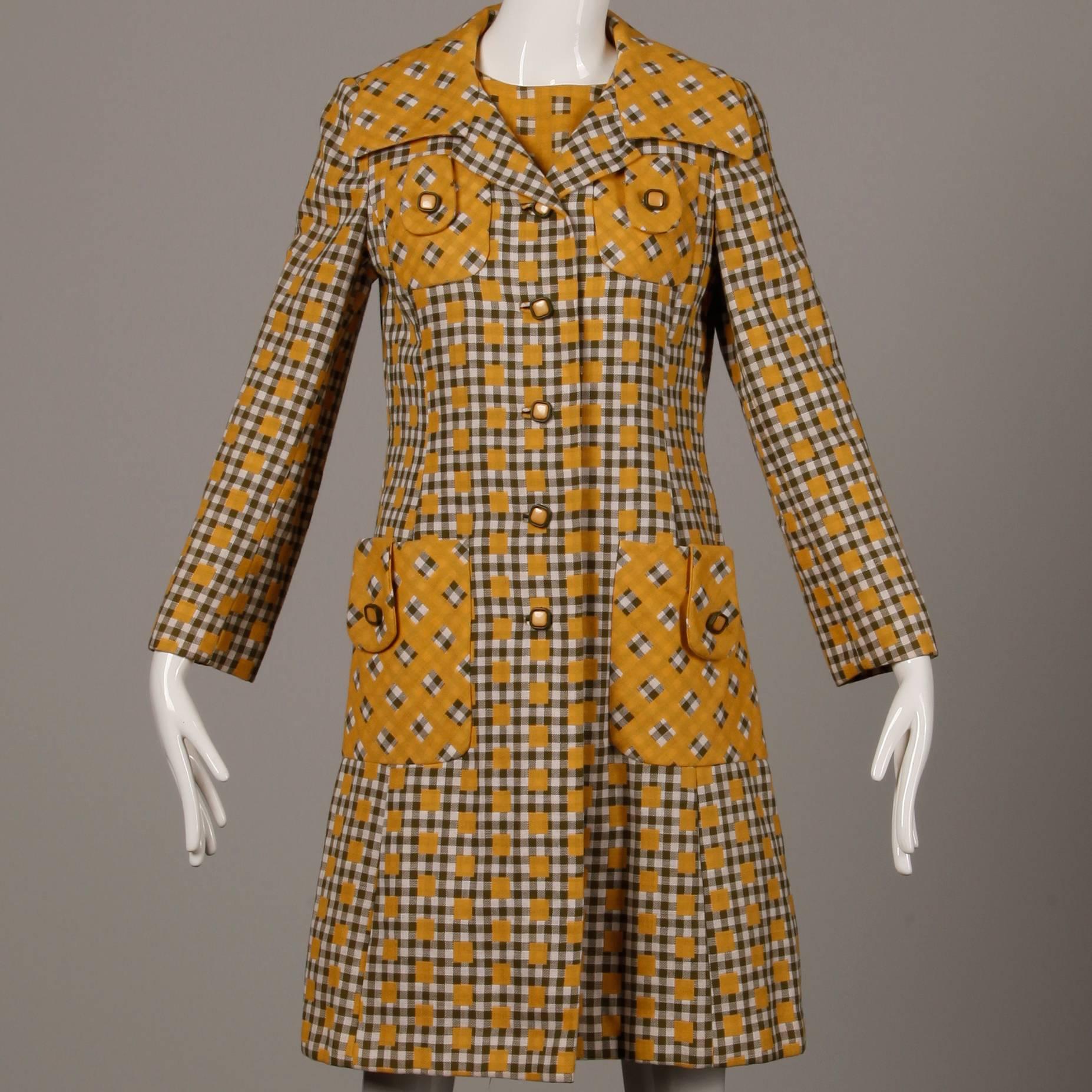 1960s Jack Feit Vintage Yellow Gingham Print Coat + Dress 2-Piece Ensemble 3