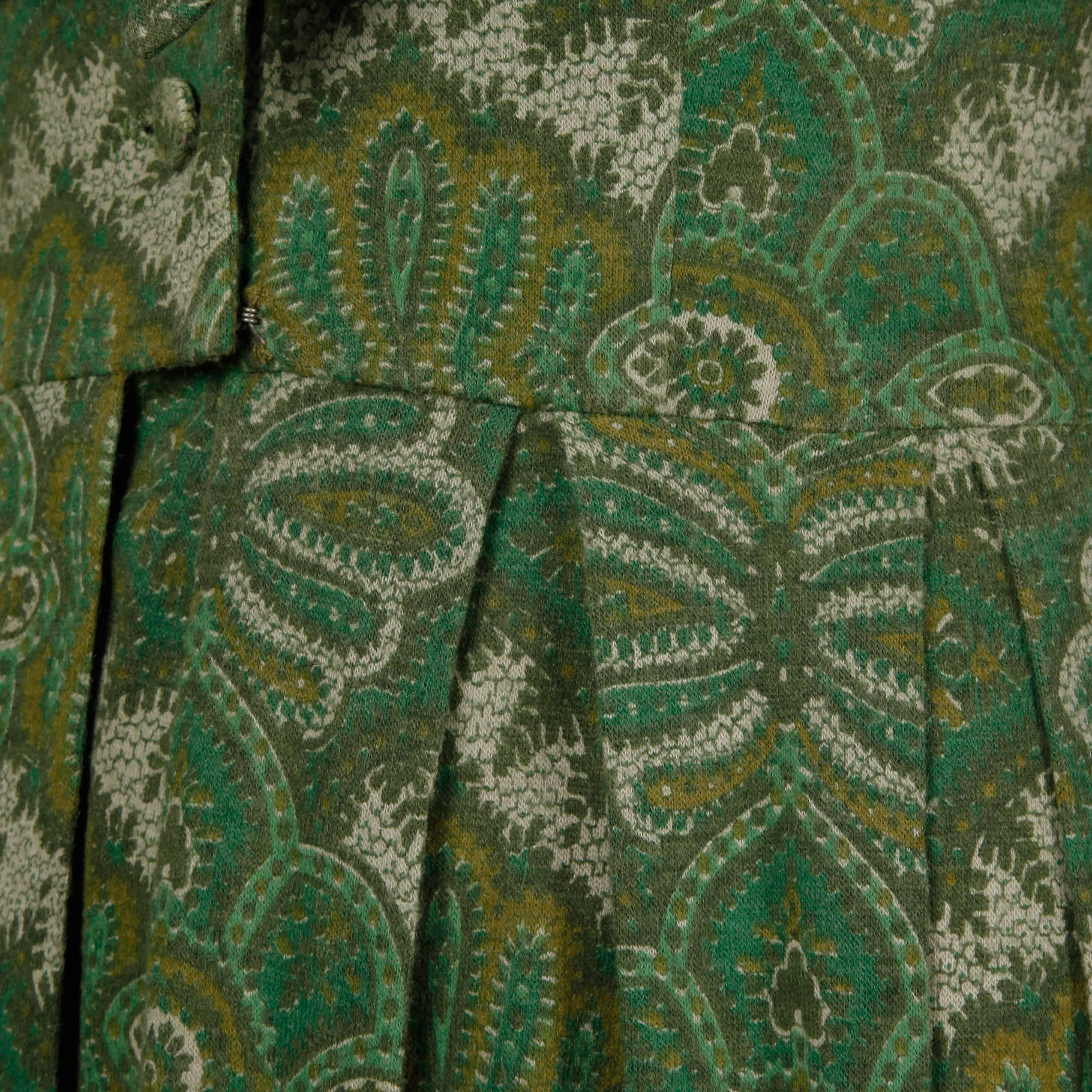 Women's 1950s Jerry Gilden Vintage Green Paisley Wool Day Dress with Ascot Bow Tie