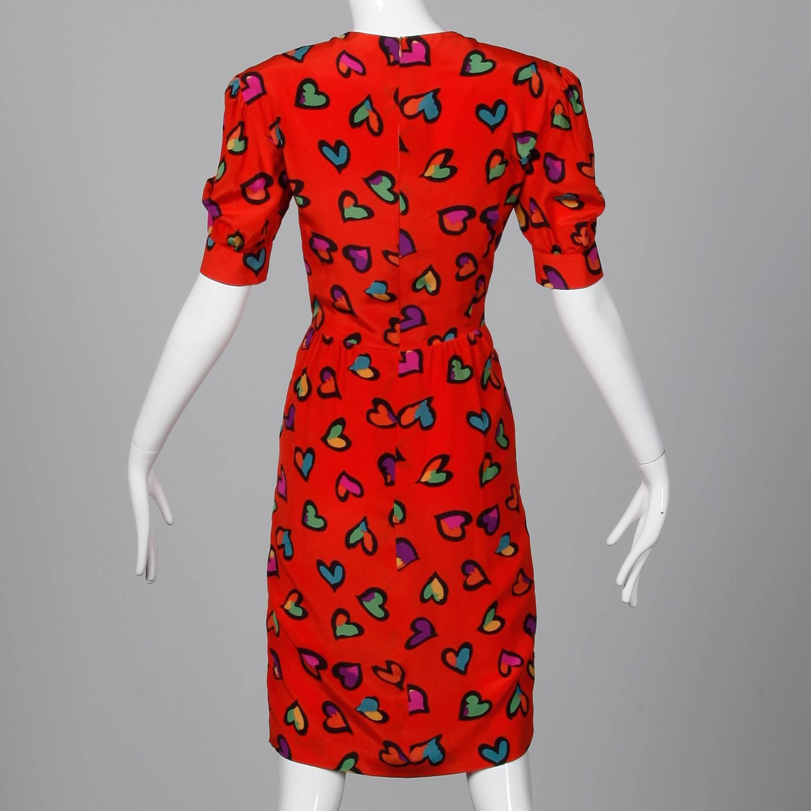 Women's 1990s Escada Vintage Red Silk Heart Print Dress with Puff Sleeves