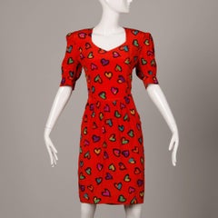1990s Escada Vintage Red Silk Heart Print Dress with Puff Sleeves