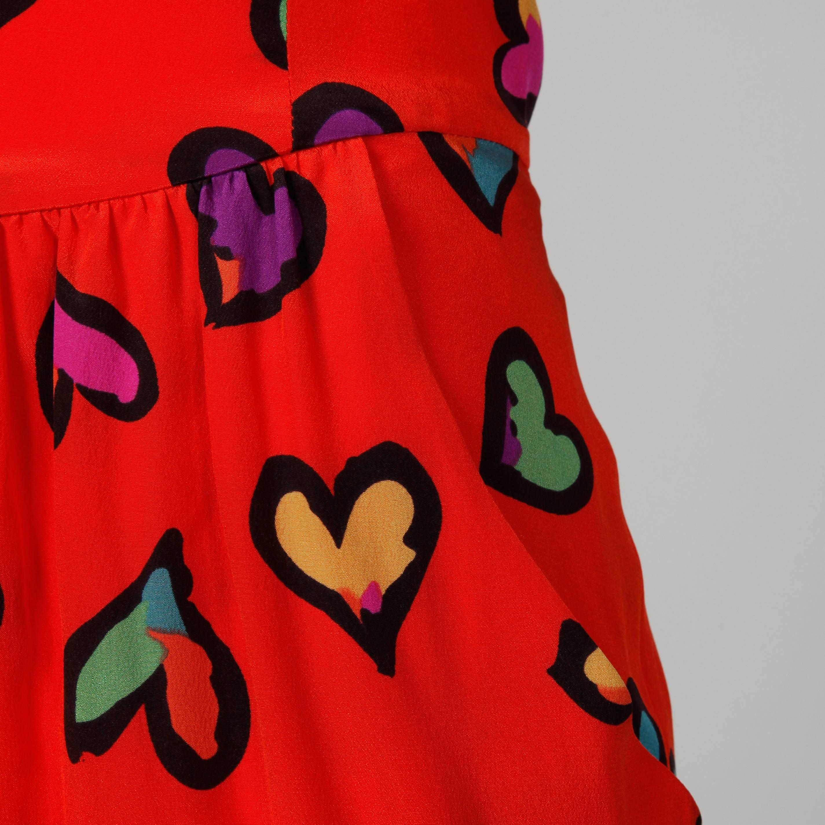 1990s Escada Vintage Red Silk Heart Print Dress with Puff Sleeves 2