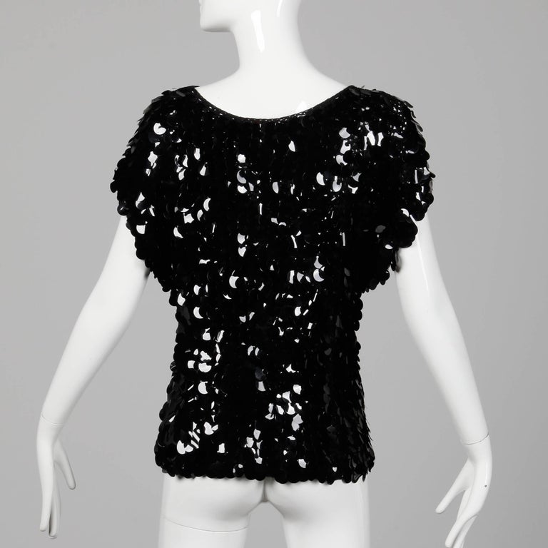 1980s Oscar de la Renta Vintage Black Knit SparklySequin Paillettes Top or Shirt For Sale 1