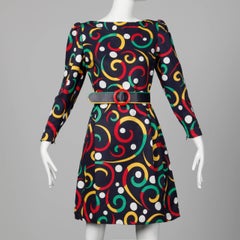 Arnold Scaasi Vintage Silk Blend Polka Dot + Scroll Print Dress + Leather Belt