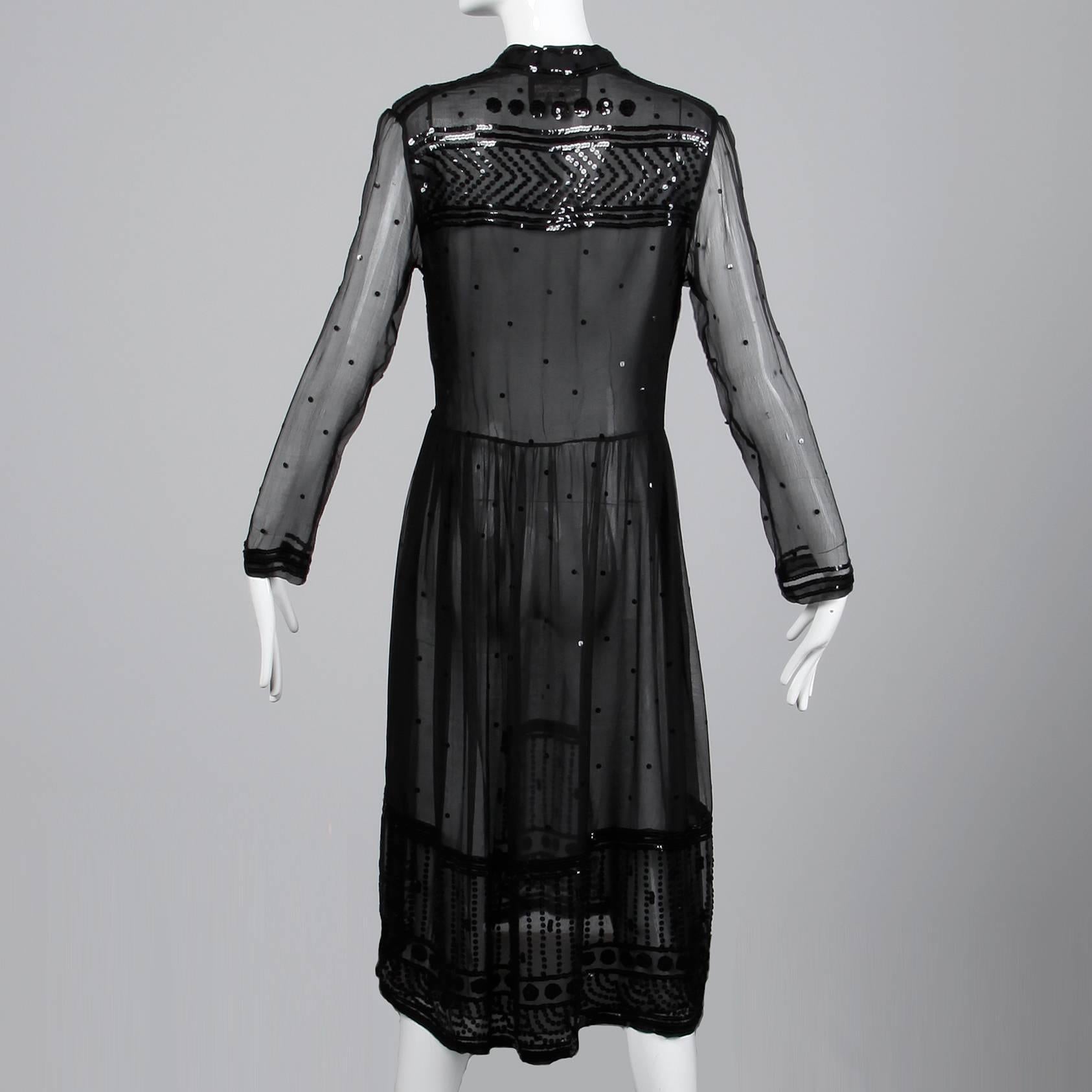 Judith Ann pour Heiser-Egan - Robe à sequins en mousseline de soie noire transparente, vintage, années 1970 Pour femmes en vente