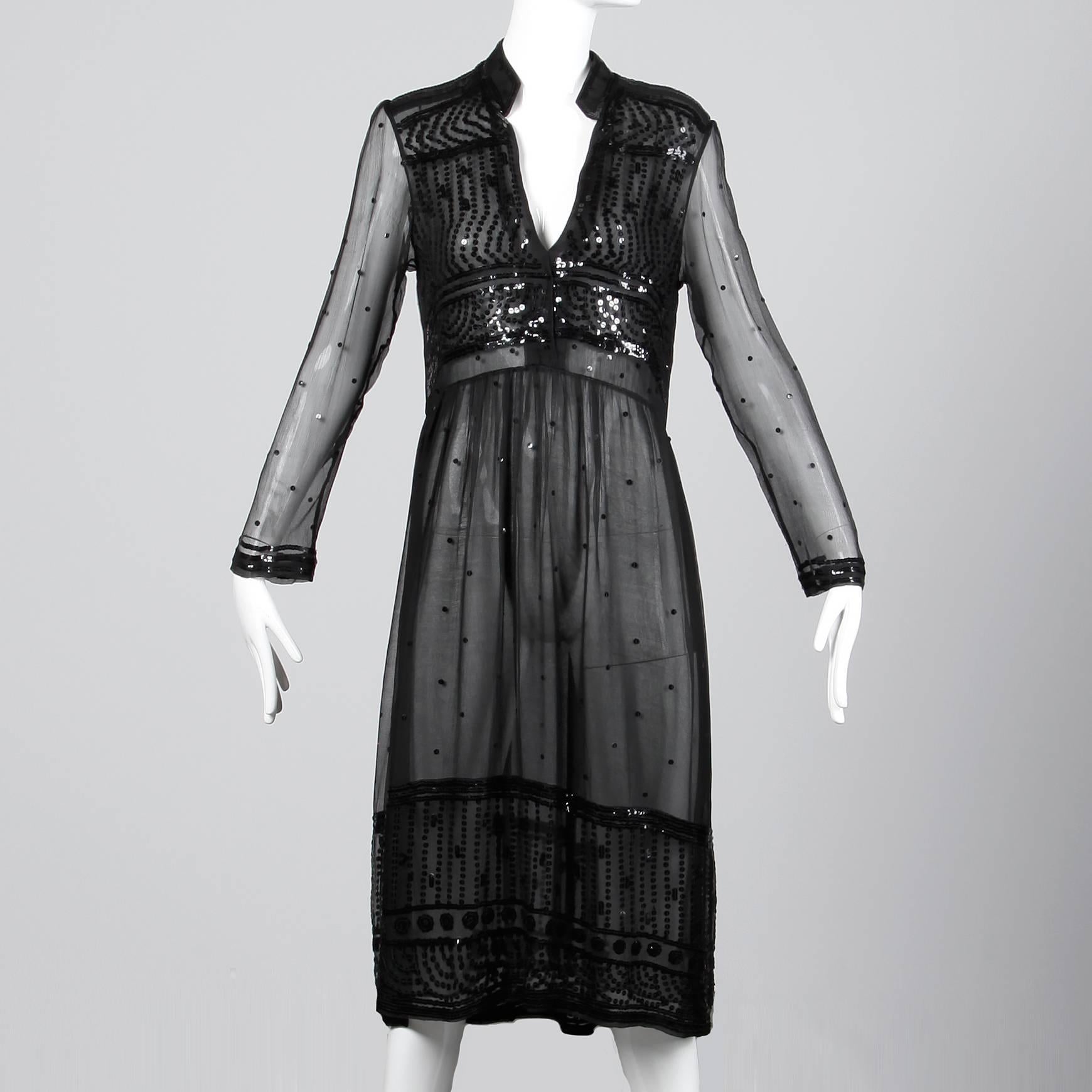 Noir Judith Ann pour Heiser-Egan - Robe à sequins en mousseline de soie noire transparente, vintage, années 1970 en vente