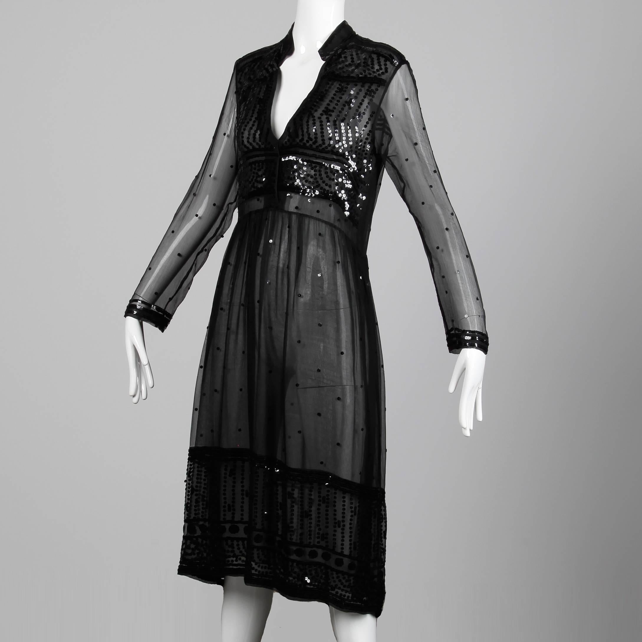 1970er Judith Ann für Heiser-Egan Vintage Schwarzes durchsichtiges Seidenchiffon-Paillettenkleid Damen im Angebot