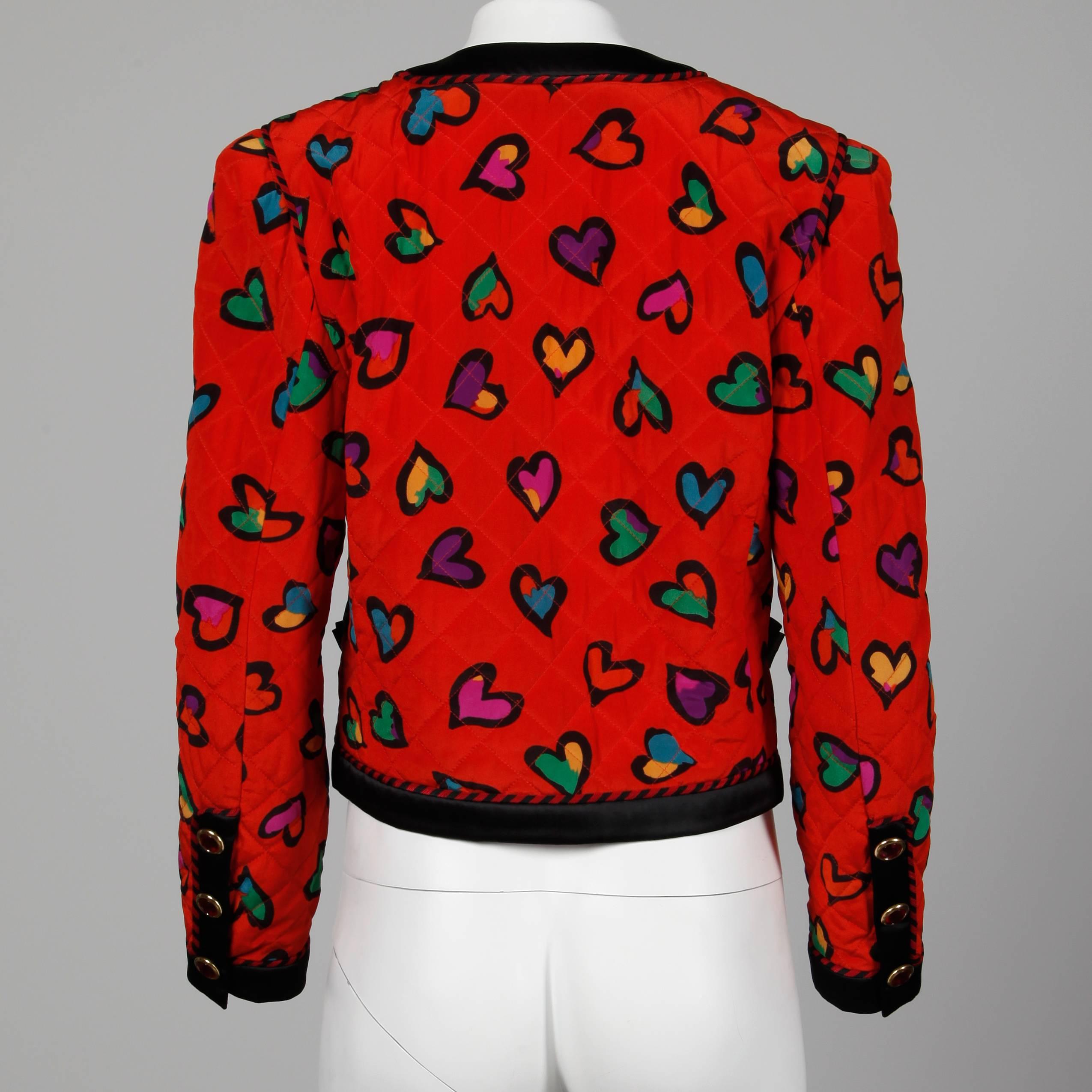 Women's 1990s Escada Vintage Red Silk Heart Print Quilted Jacket with Jewel Buttons