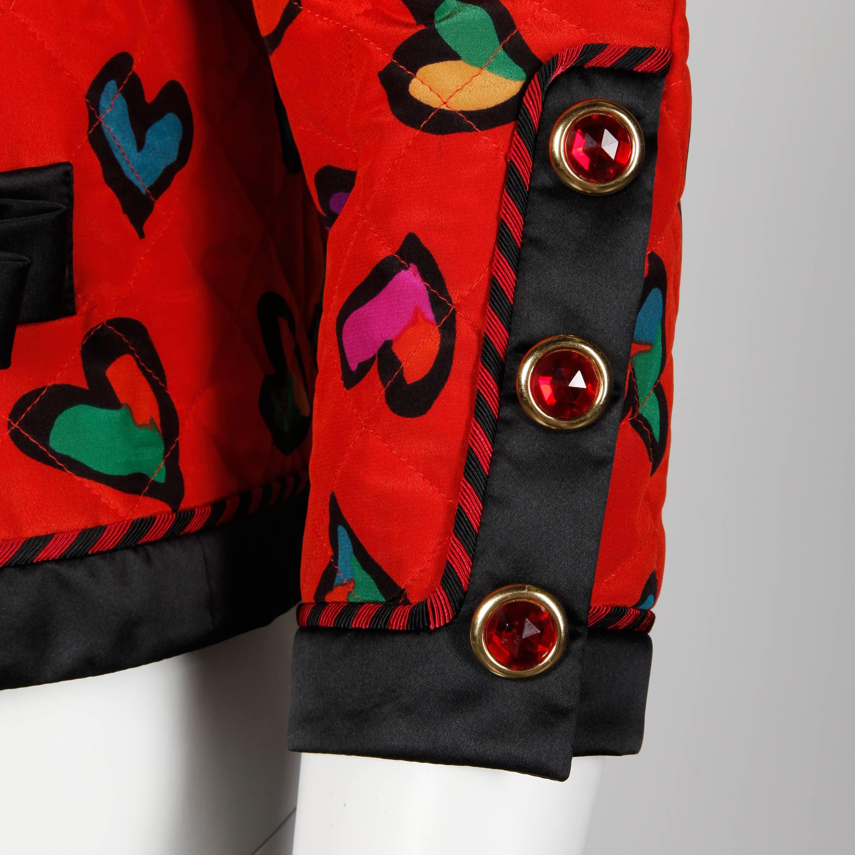 1990s Escada Vintage Red Silk Heart Print Quilted Jacket with Jewel Buttons 1