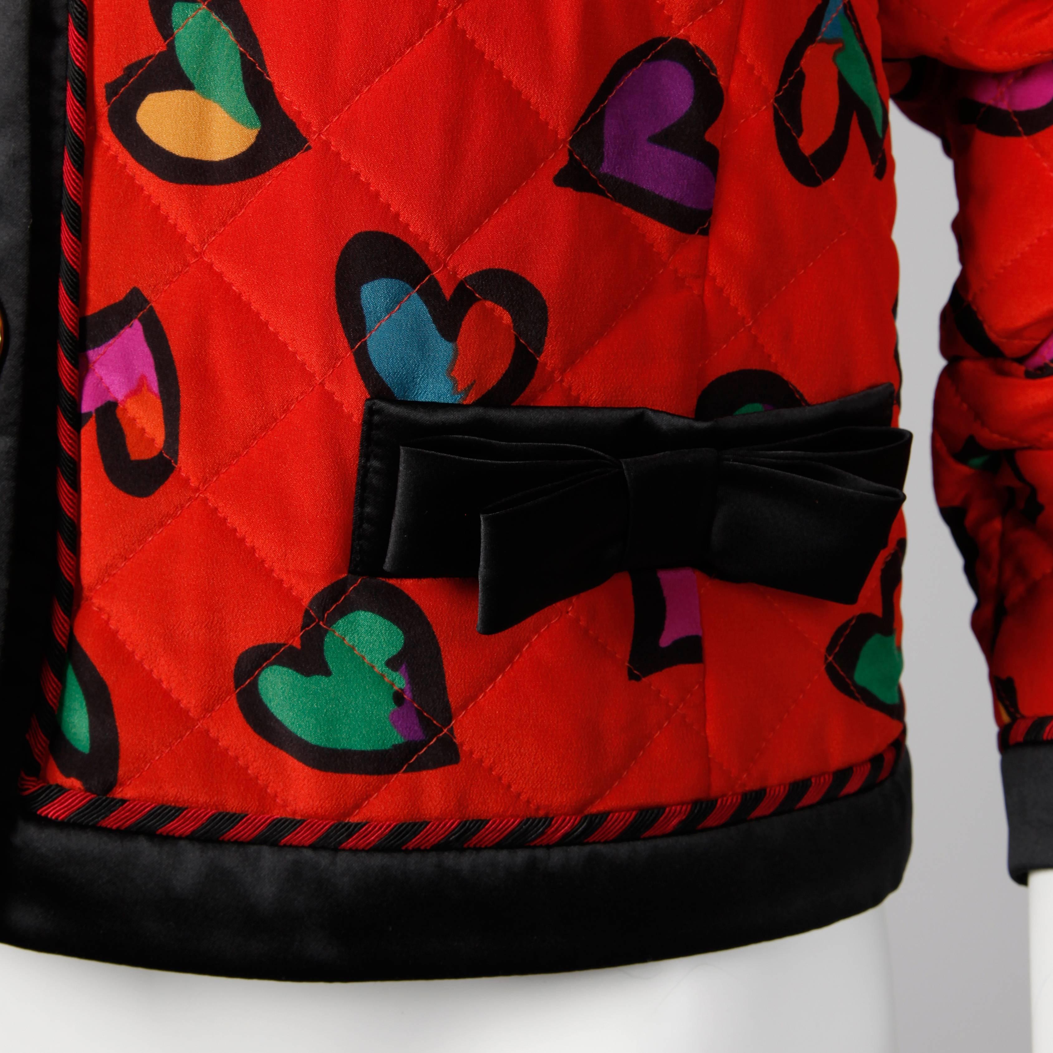 1990s Escada Vintage Red Silk Heart Print Quilted Jacket with Jewel Buttons 2