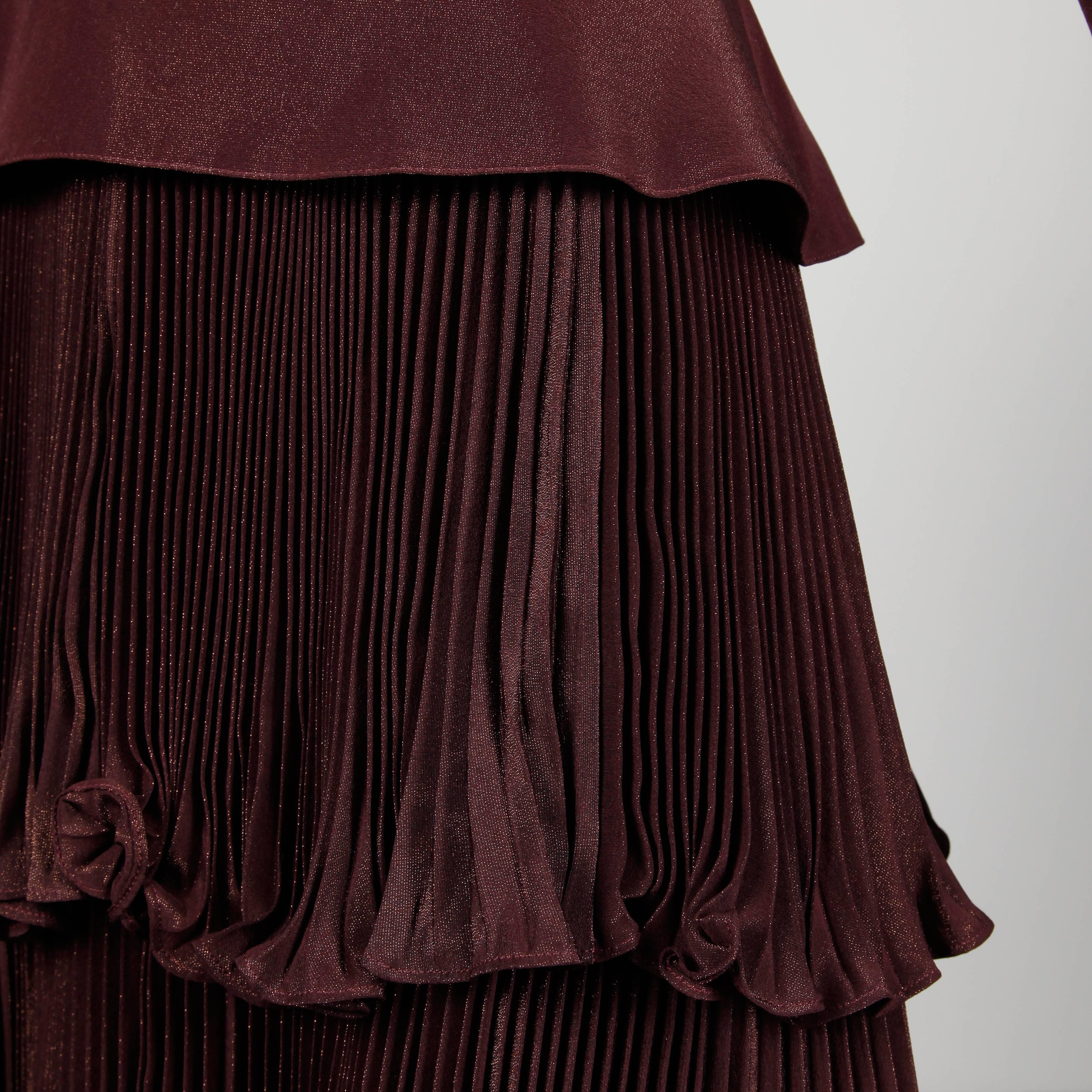 Black 1980s Bernard Perris Vintage Brown Copper Metallic Pleated Dress For Sale