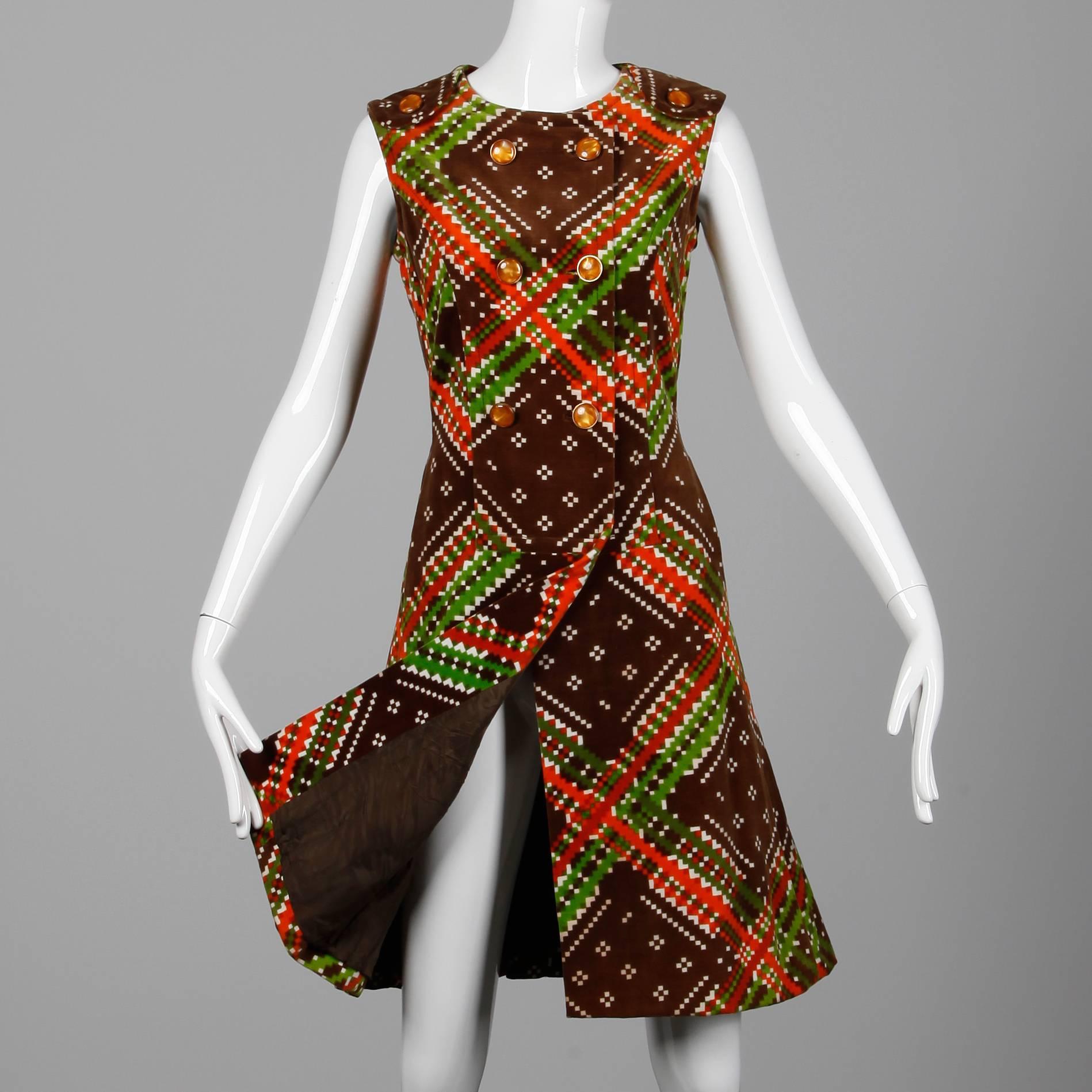 Marrone Malcolm Starr anni '70 - Vestito di velluto stampato geometrico attribuito all'Op Art vintage