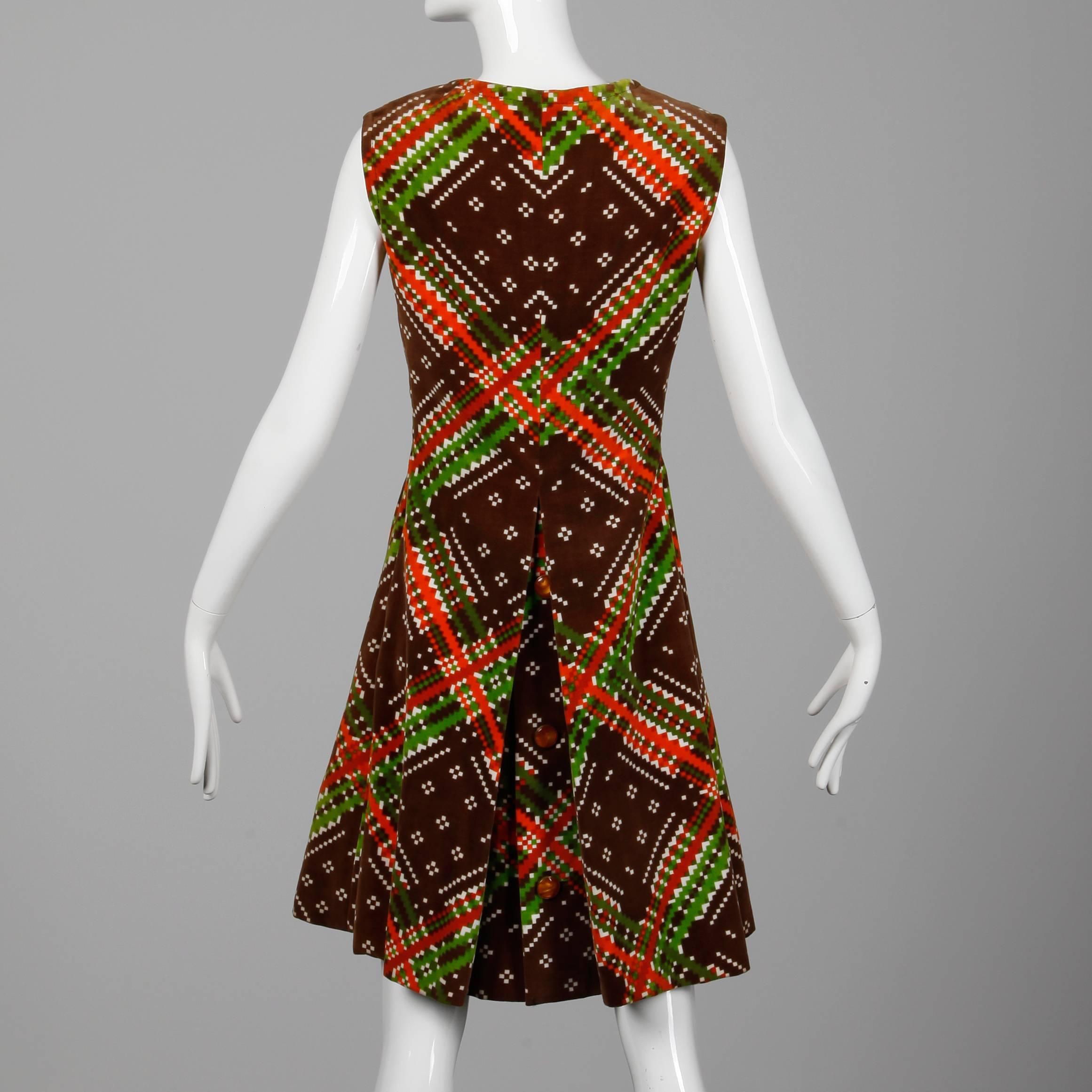 Brown 1970s Malcolm Starr- Attributed Vintage Op Art Geometric Printed Velvet Dress For Sale