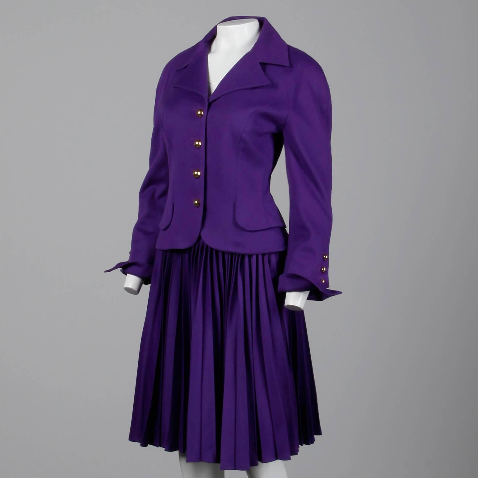 Purple 1990s Christian Lacroix Vintage Pret-a-Porter Wool Jacket + Skirt Suit Ensemble