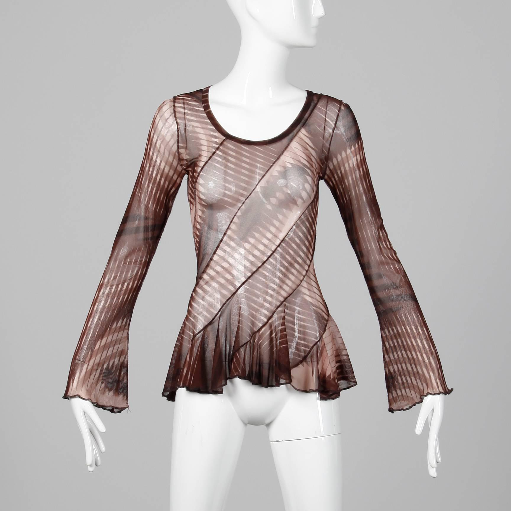 Brown Jean Paul Gaultier Vintage Sheer Mesh Graphic Print Top or Shirt, 1990s 