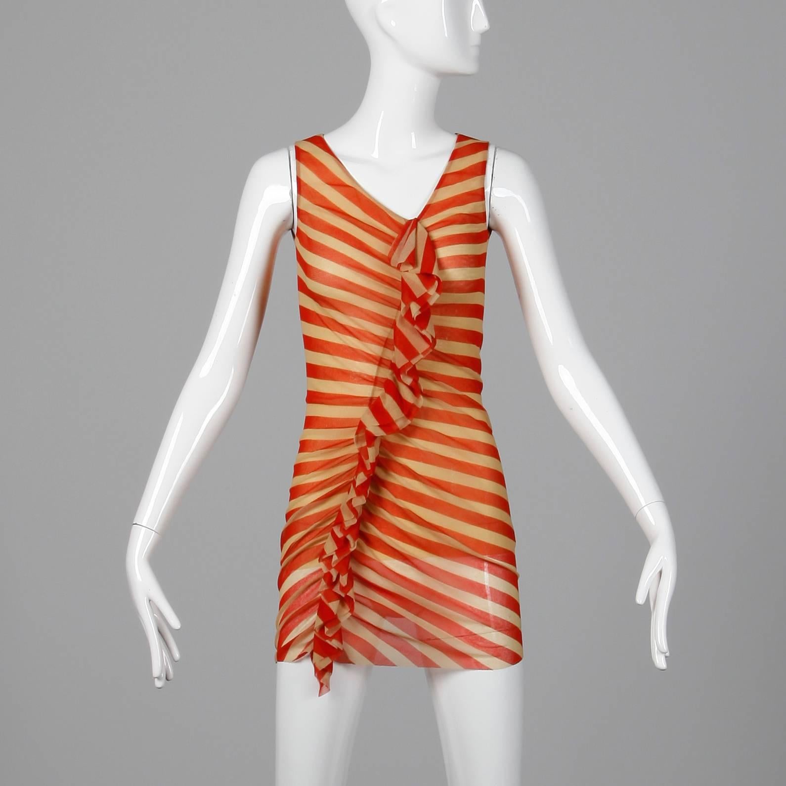 Brown Jean Paul Gaultier Red + Beige Striped Mesh Tunic Dress with Asymmetric Ruffle