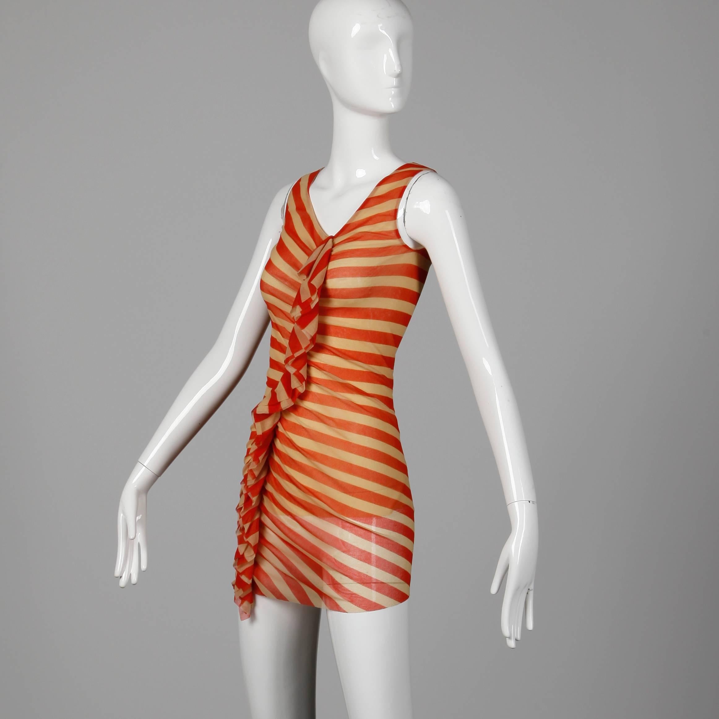Jean Paul Gaultier Red + Beige Striped Mesh Tunic Dress with Asymmetric Ruffle In Excellent Condition In Sparks, NV