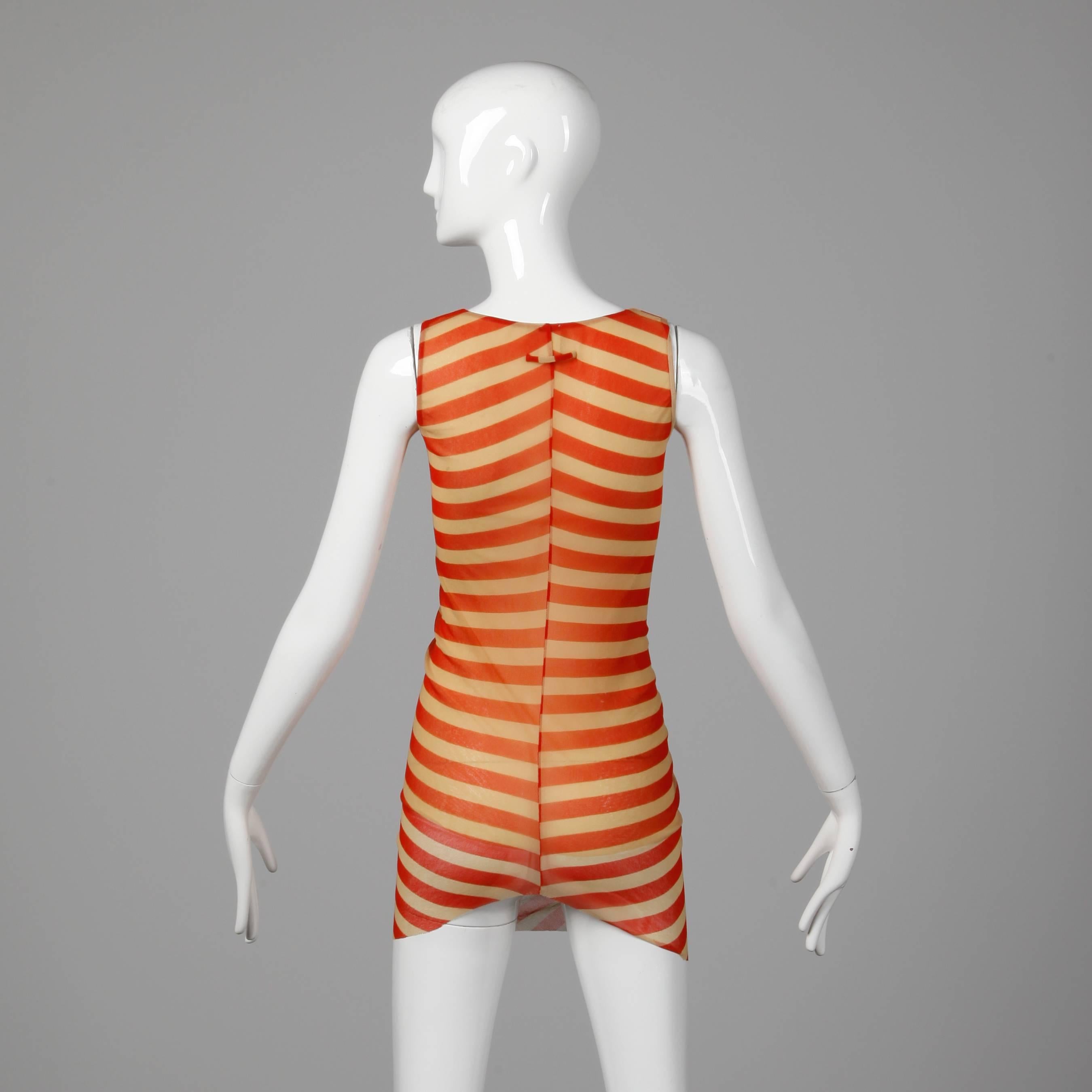 Women's Jean Paul Gaultier Red + Beige Striped Mesh Tunic Dress with Asymmetric Ruffle