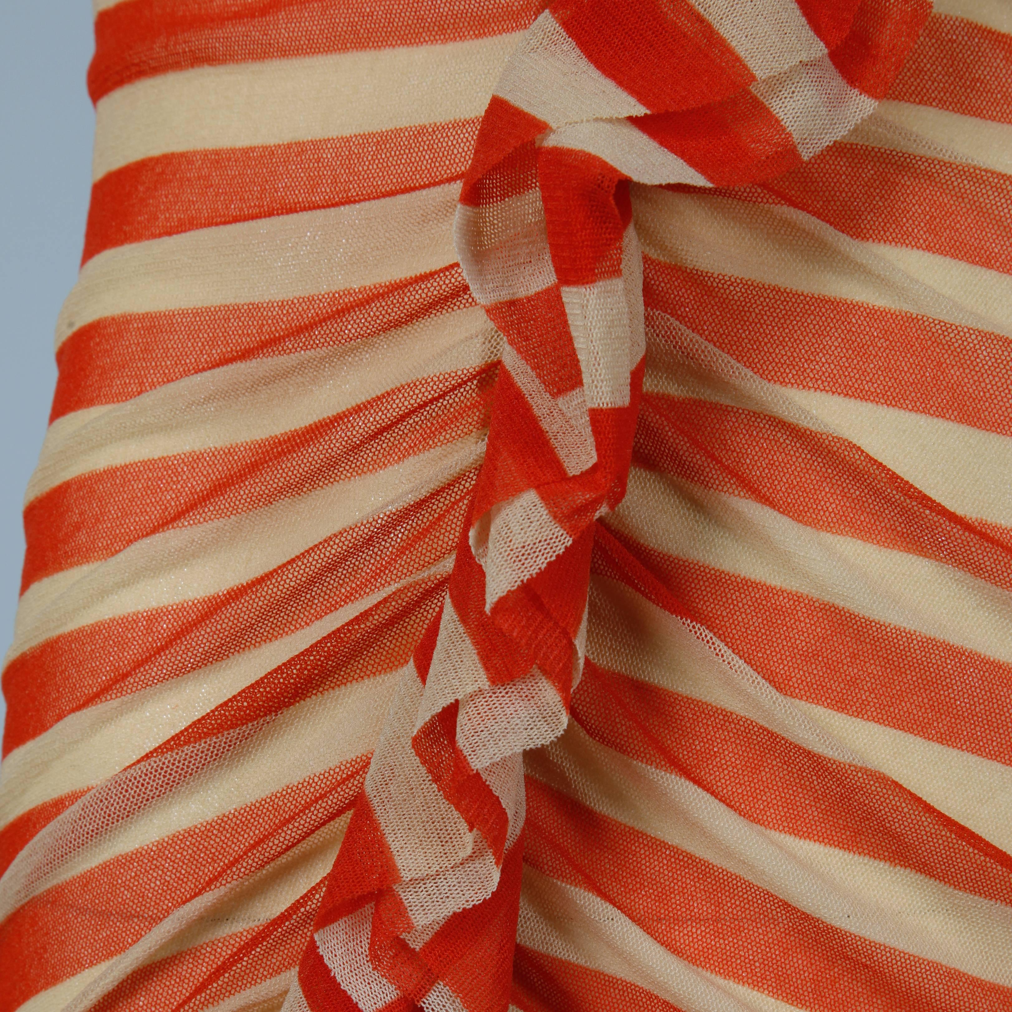 Jean Paul Gaultier Red + Beige Striped Mesh Tunic Dress with Asymmetric Ruffle 1