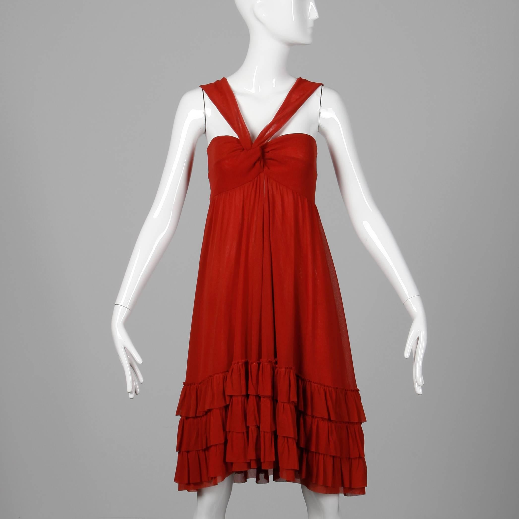 Jean Paul Gaultier Brick Red Mesh Dress with Ruffled Hemline In Excellent Condition In Sparks, NV