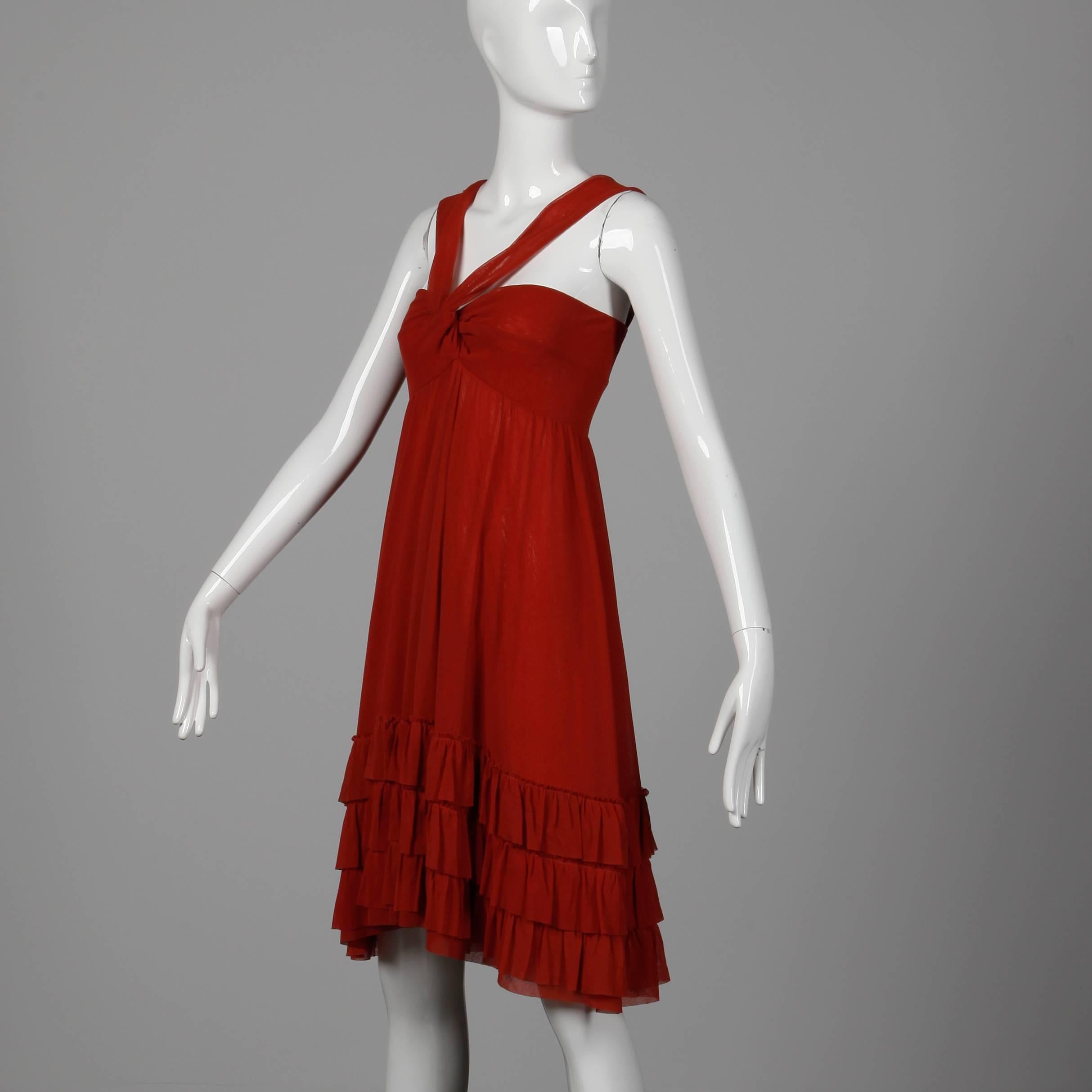Women's Jean Paul Gaultier Brick Red Mesh Dress with Ruffled Hemline