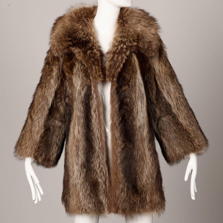 1970s Vintage Raccoon Fur Coat with Pop Up Collar and Leather Trim at ...