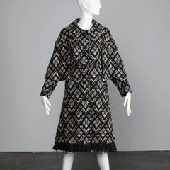 1970s Vintage Black + White Irish Wool Tweed Cape Coat with Fringe Trim