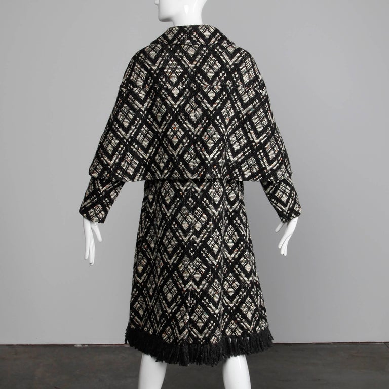 Women's 1970s Vintage Black + White Irish Wool Tweed Cape Coat with Fringe Trim For Sale