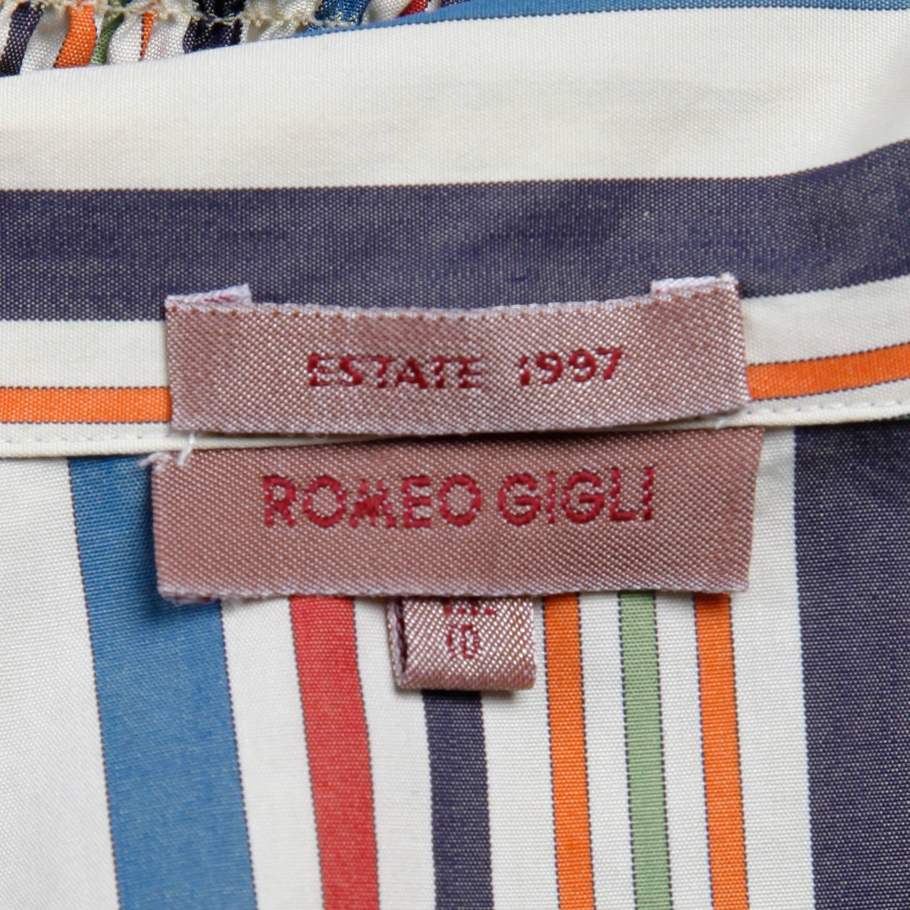 Romeo Gigli vintage striped cotton button up blouse or jacket. Unlined with front button and hook closure. 100% cotton.  The marked size is 44. Fits like a modern size small. The bust measures 36", waist 26-32" (unstretched and stretched),