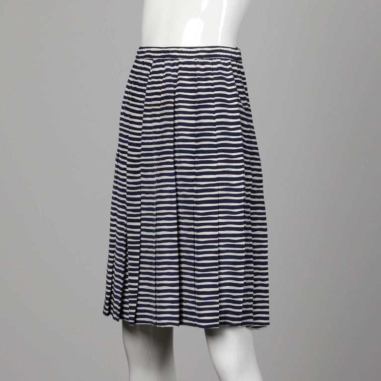Adolfo Vintage Navy Blue + White Striped Silk Pleated Skirt For Sale at ...