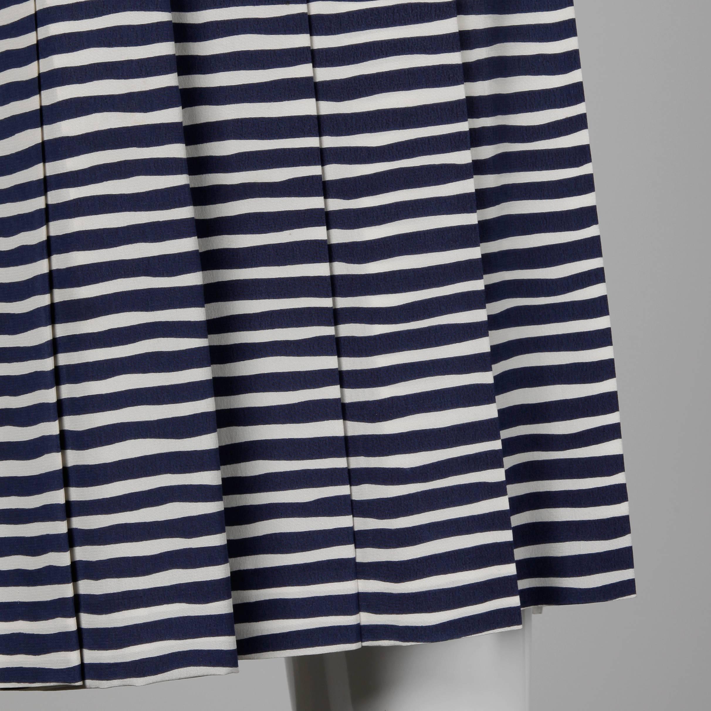 Black Adolfo Vintage Navy Blue + White Striped Silk Pleated Skirt