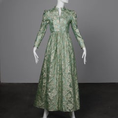 1970s Vintage Metallic Gold + Mint Green Long Full Length Maxi Dress