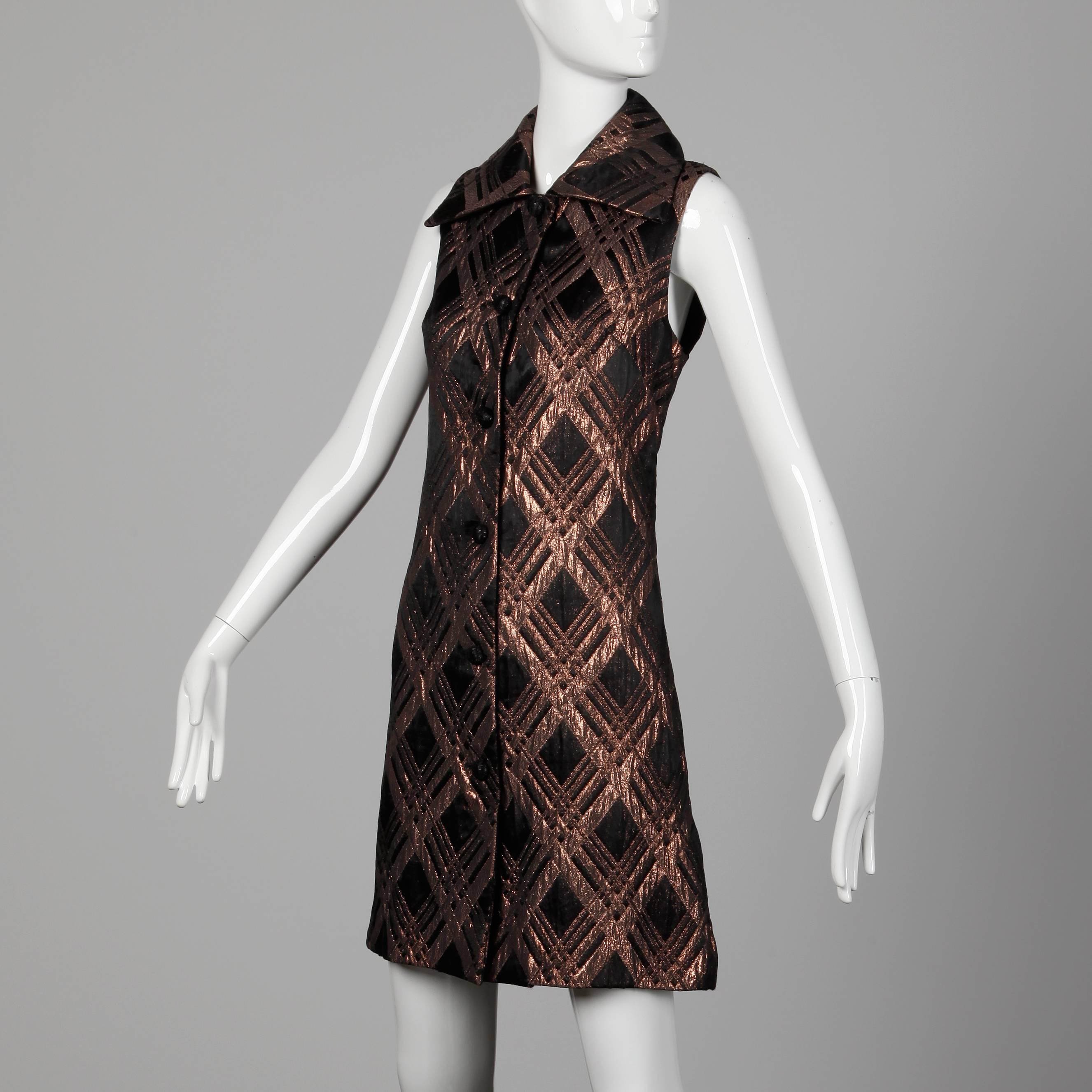 1960s Vintage Metallic Bronze + Black Brocade Button Up Shift Dress or Vest Coat In Excellent Condition In Sparks, NV