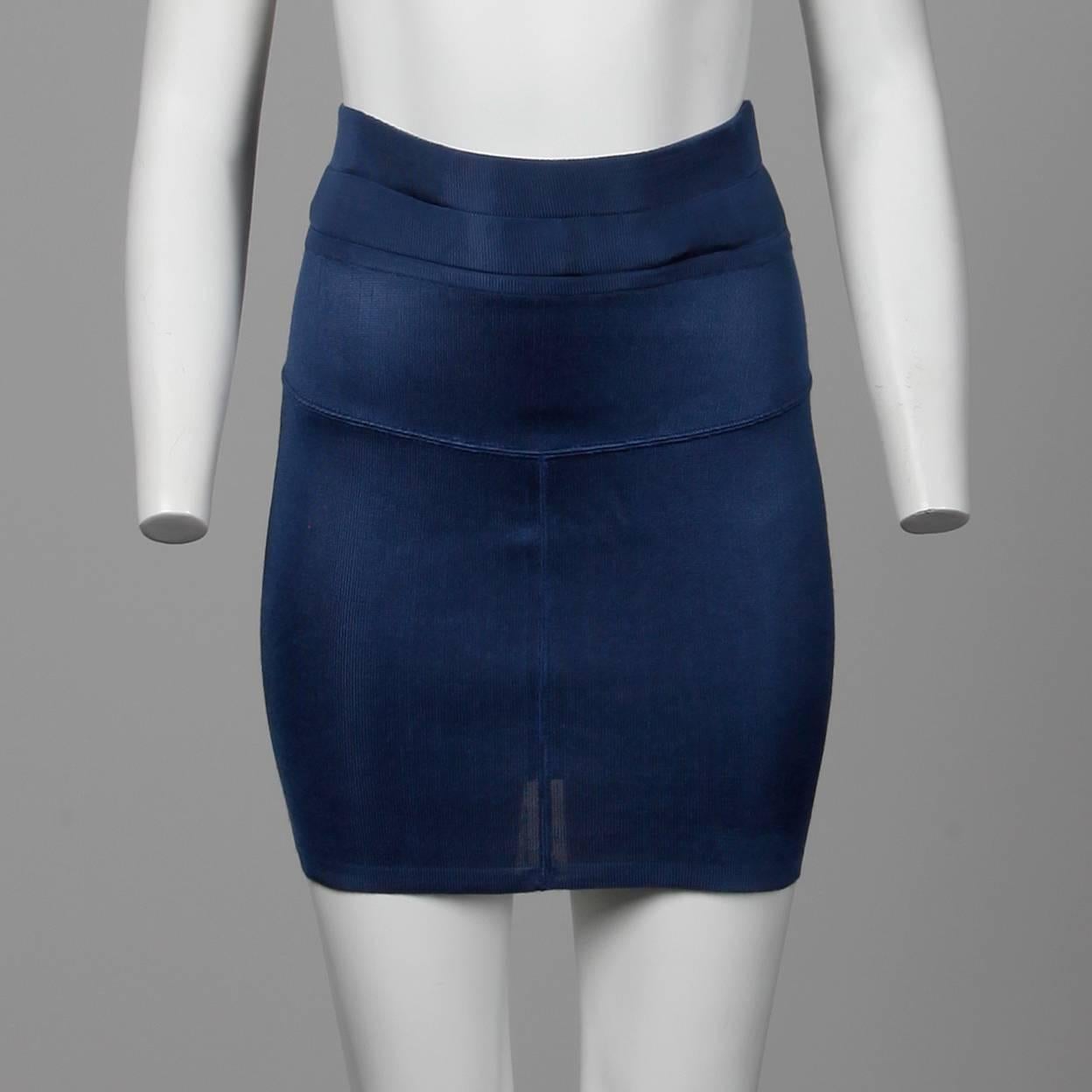 Black 1990s Azzedine Alaia Vintage Sexy Blue Knit Body Con Mini Skirt