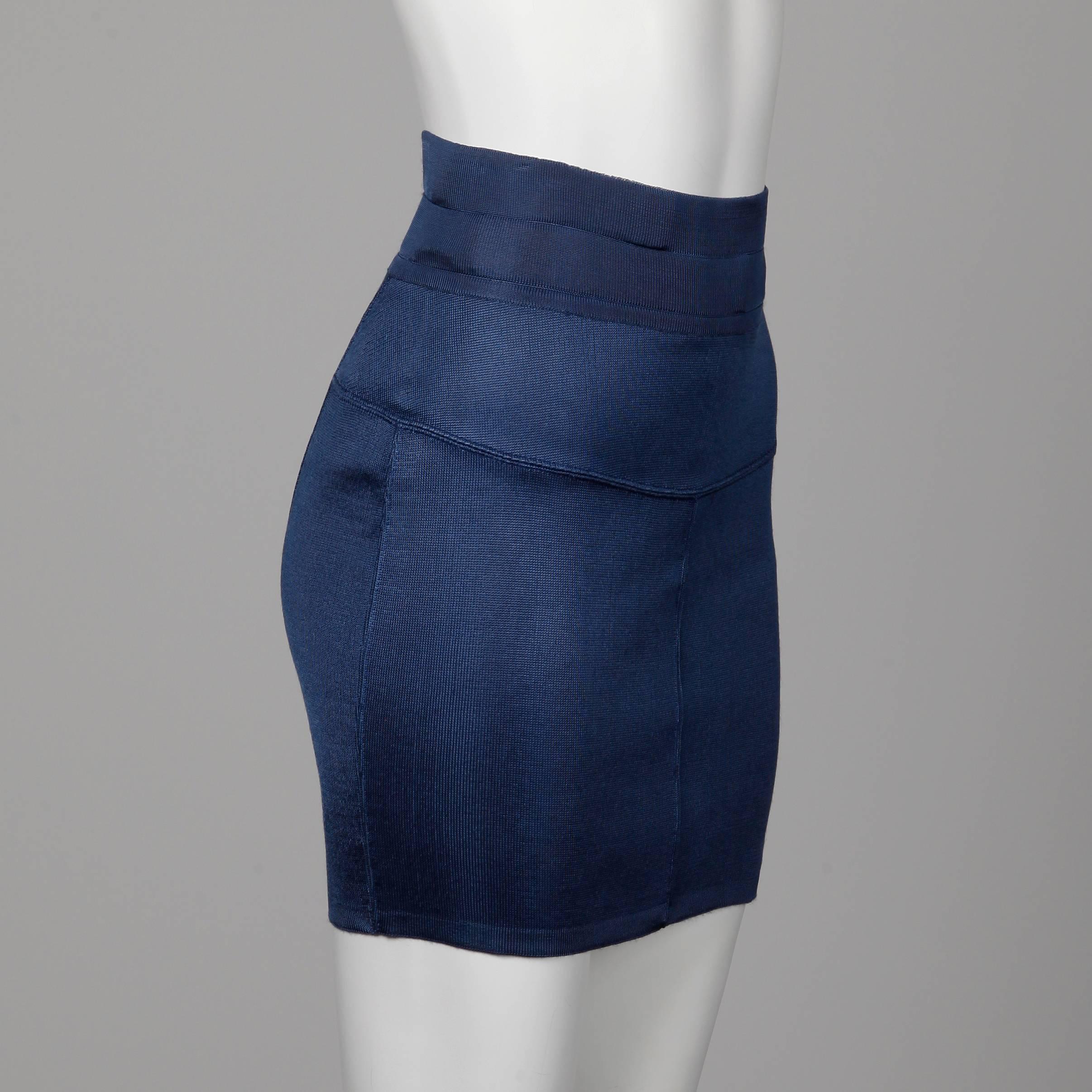 1990s Azzedine Alaia Vintage Sexy Blue Knit Body Con Mini Skirt In Excellent Condition In Sparks, NV