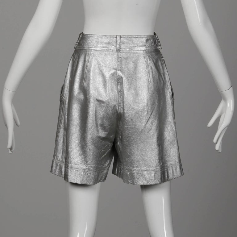 Krizia Vintage High Waist Metallic Silver Leather Shorts with Attached