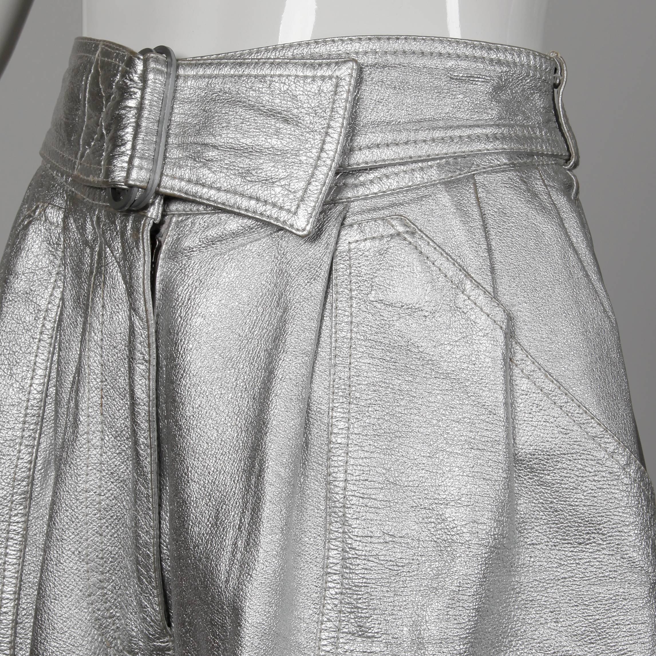 Women's Krizia Vintage High Waist Metallic Silver Leather Shorts with Attached Belt