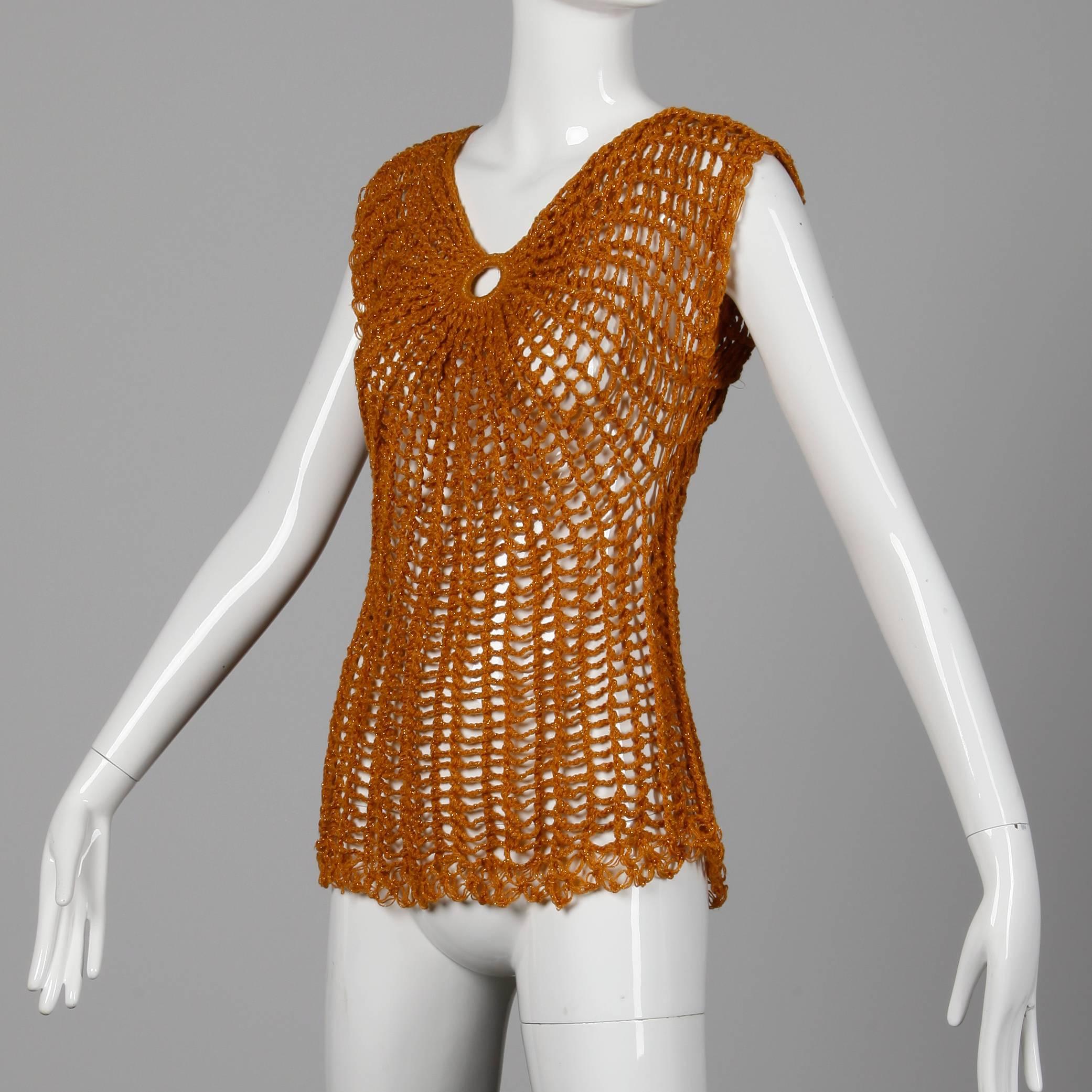 Brown Metallic Gold Vintage Hand Crochet Knit Sweater Top or Shirt, 1970s 