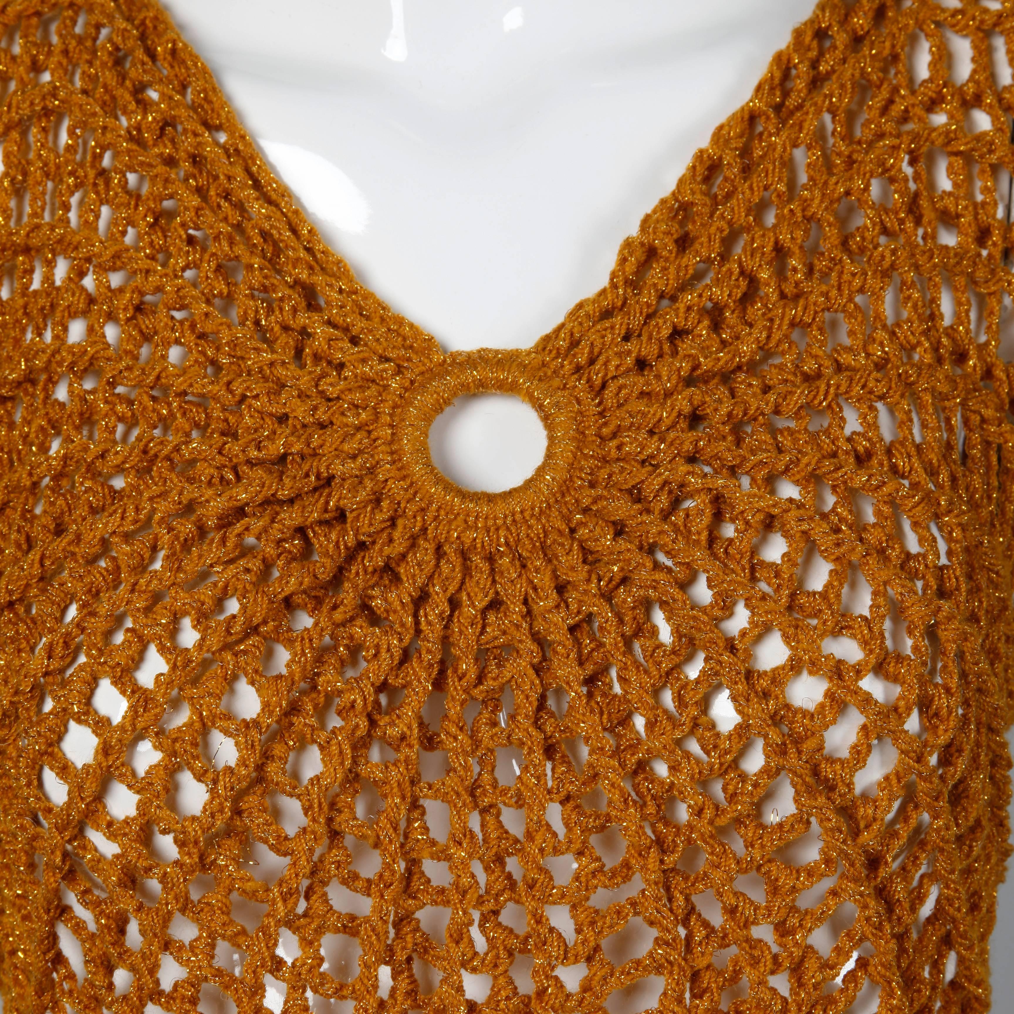 Women's Metallic Gold Vintage Hand Crochet Knit Sweater Top or Shirt, 1970s 