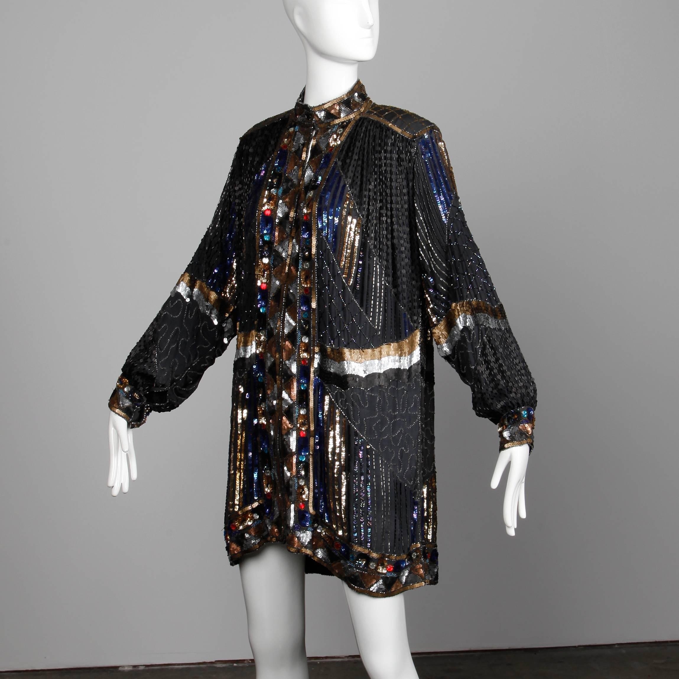 Women's Vintage Silk Metallic Sequin Beaded + Rhinestone Embellished Jacket Coat/ Duster