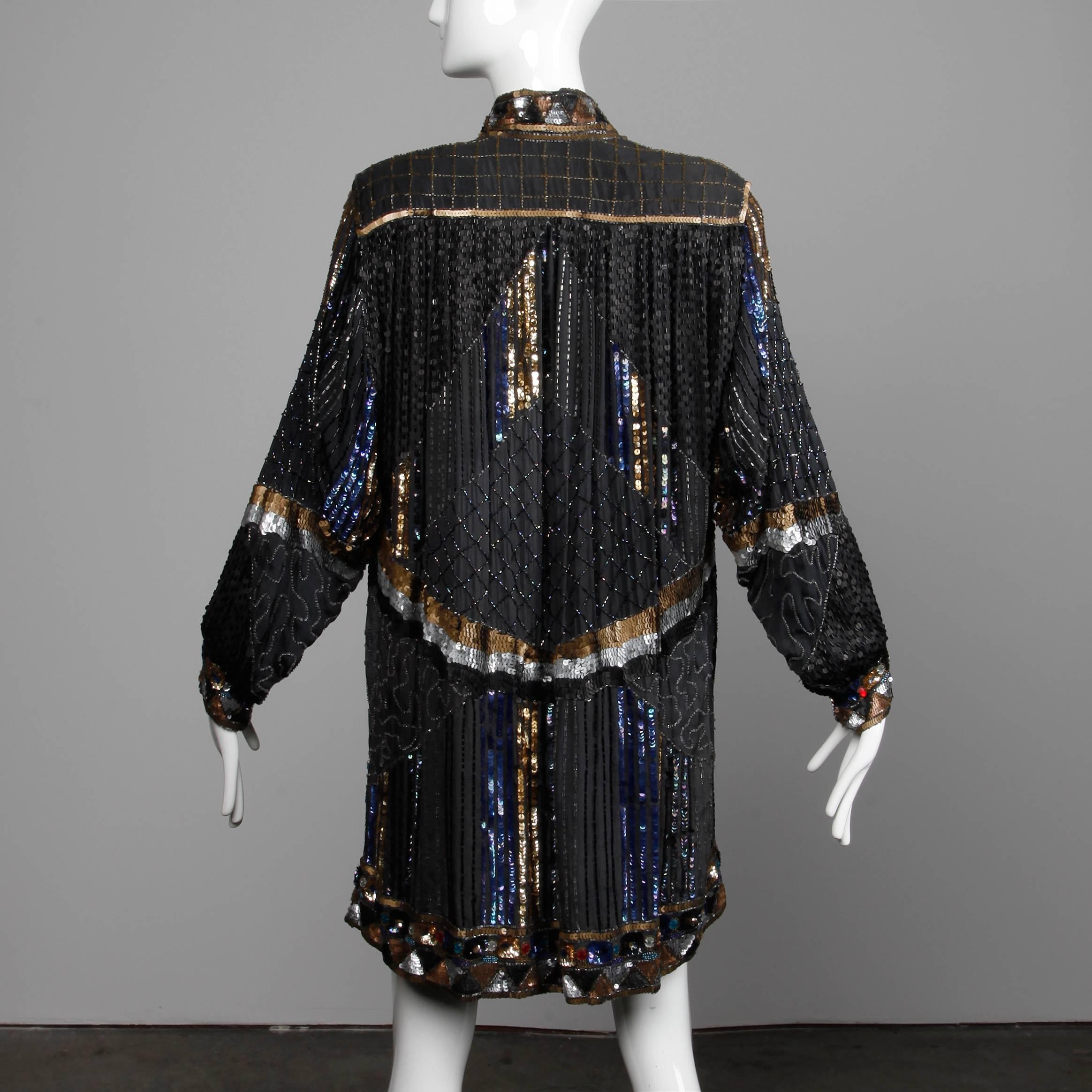 Black Vintage Silk Metallic Sequin Beaded + Rhinestone Embellished Jacket Coat/ Duster