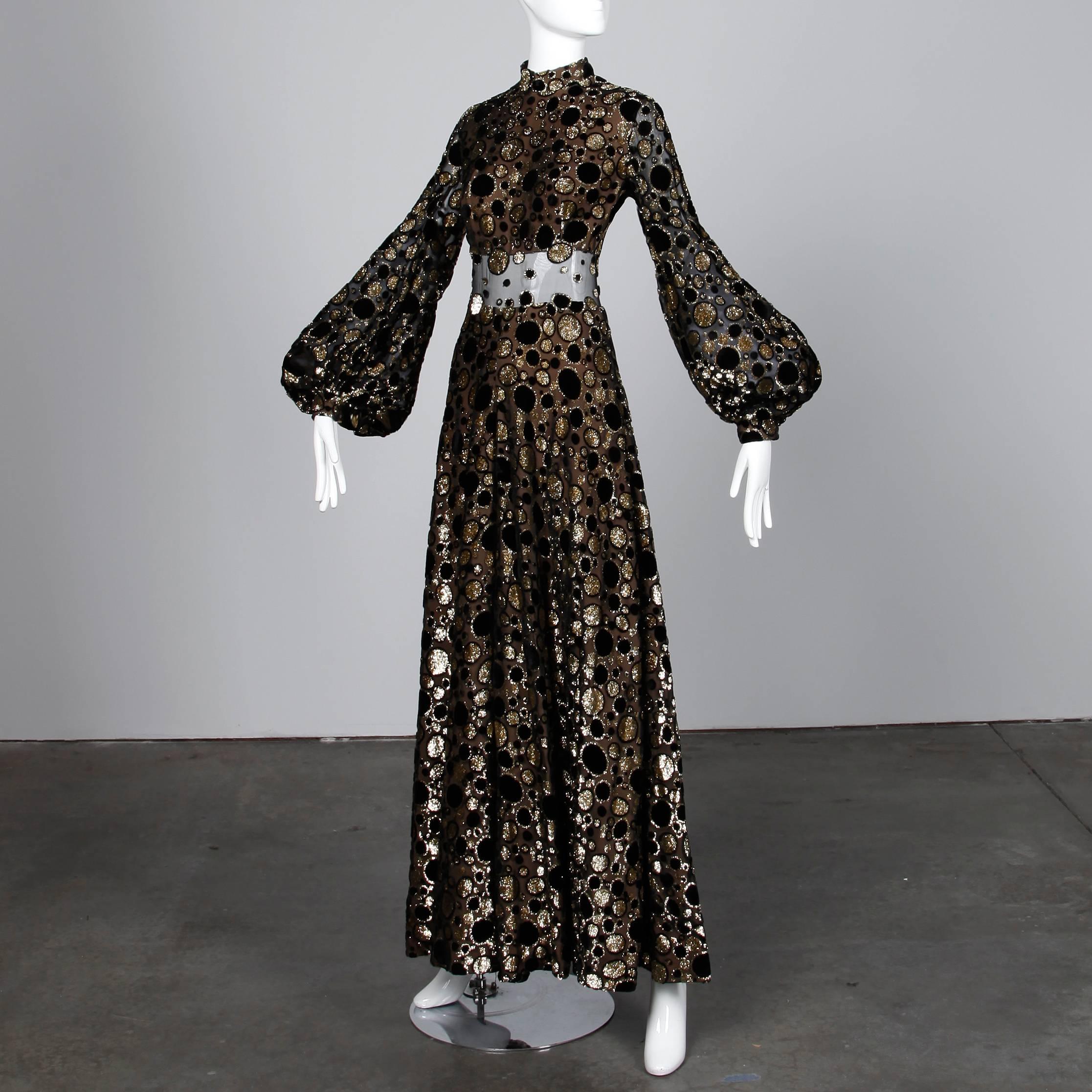 Women's Museum Quality 1970s Travilla Vintage Metallic Gold + Black Silk Jumpsuit Dress