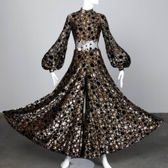 Museum Quality 1970s Travilla Vintage Metallic Gold + Black Silk Jumpsuit Dress