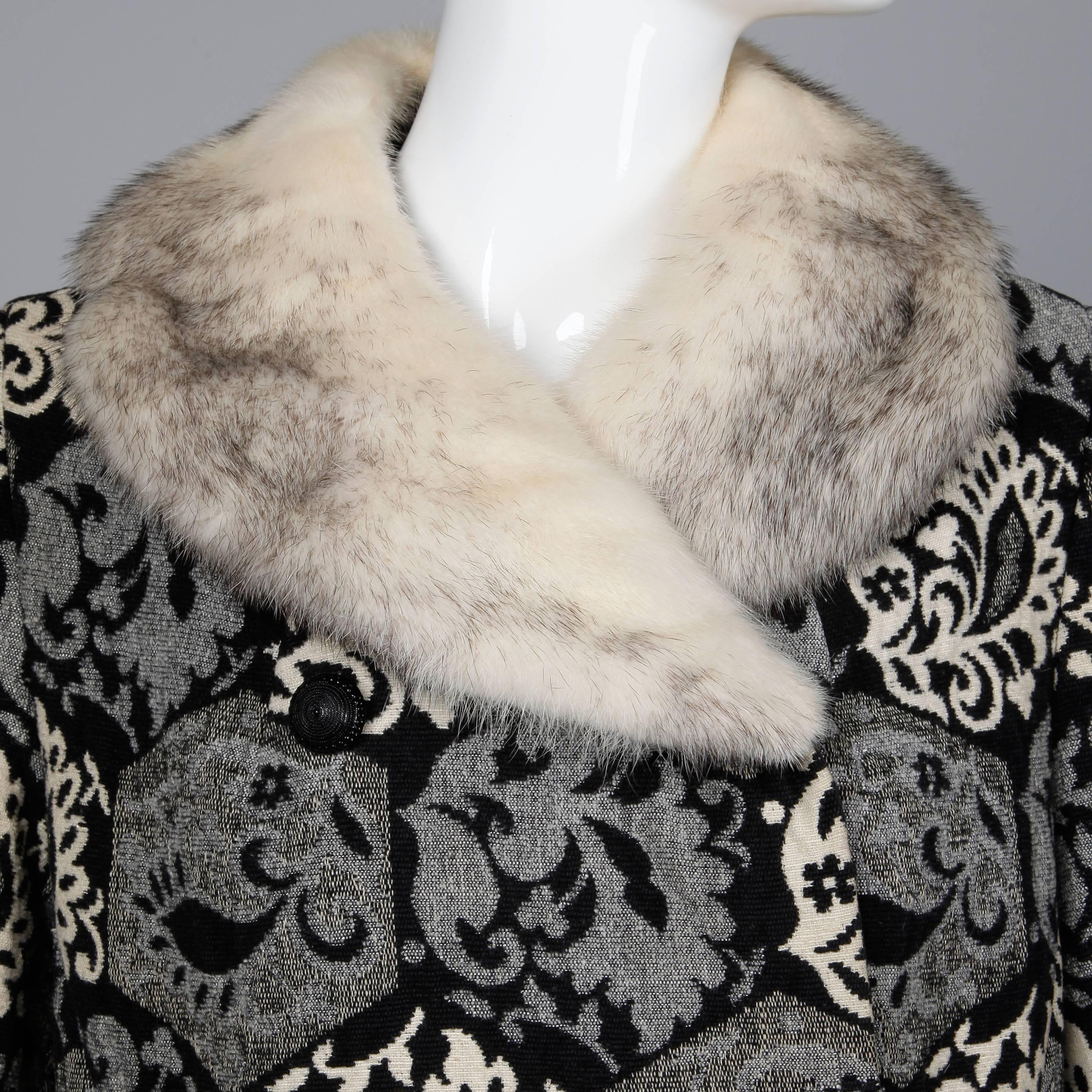 1960s Vintage Wool Tapestry Coat with Black, White Cross Mink Fur Collar + Cuffs 1