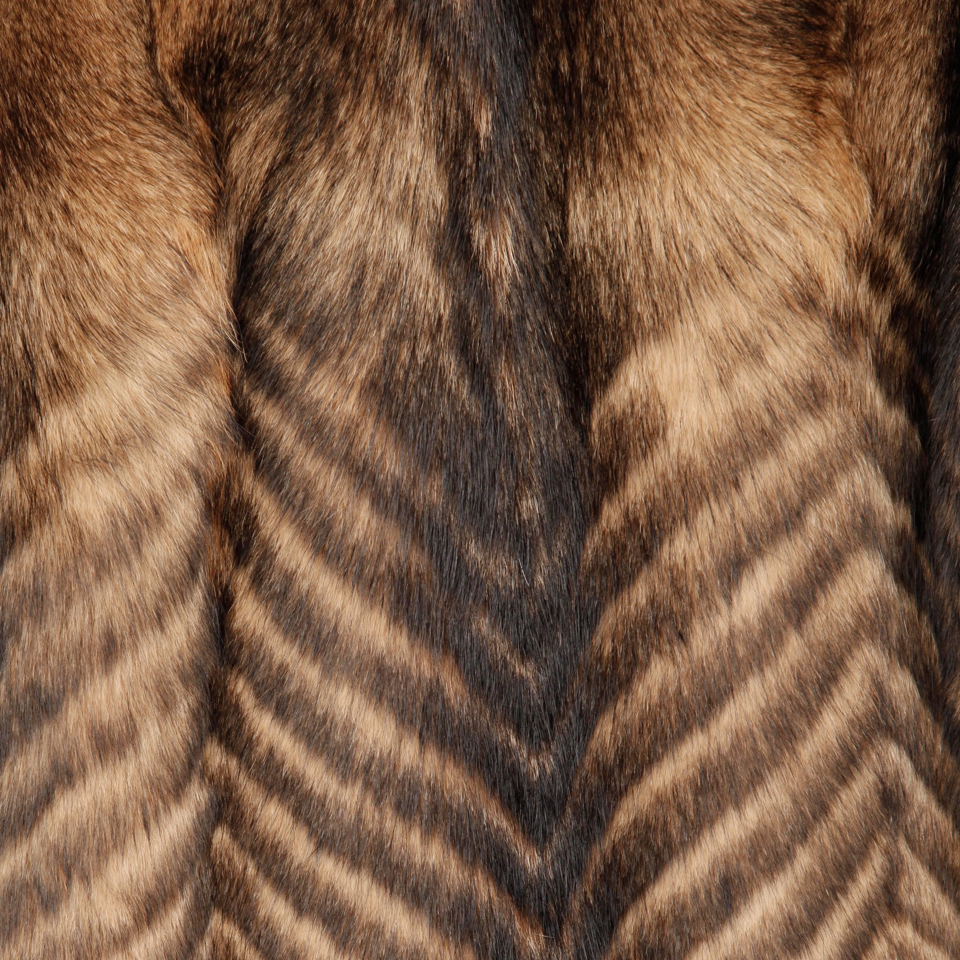 Vintage Brown + Beige Feathered Chevron Wolf Fur Short Car Coat or Jacket In Excellent Condition In Sparks, NV