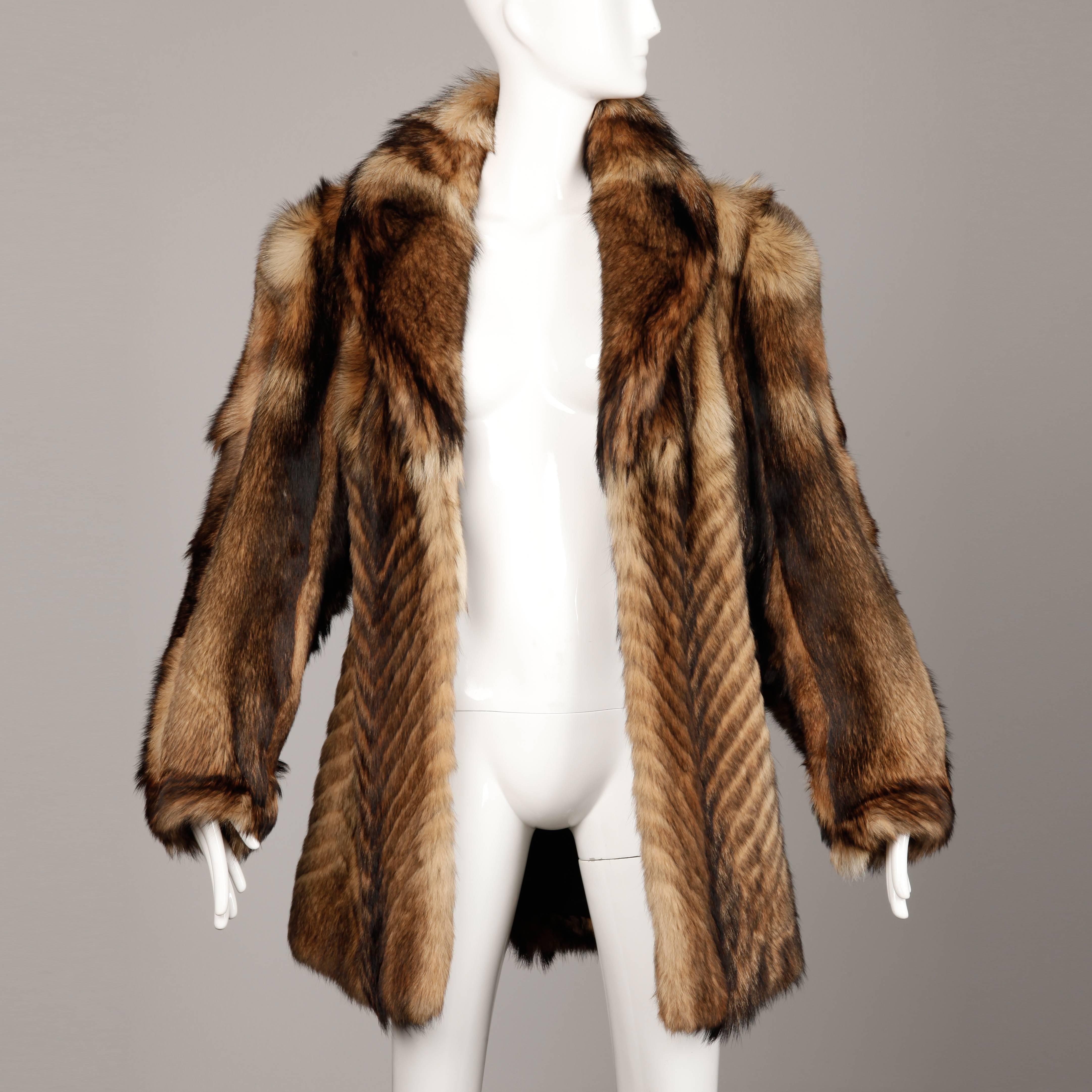 Vintage Brown + Beige Feathered Chevron Wolf Fur Short Car Coat or Jacket 3