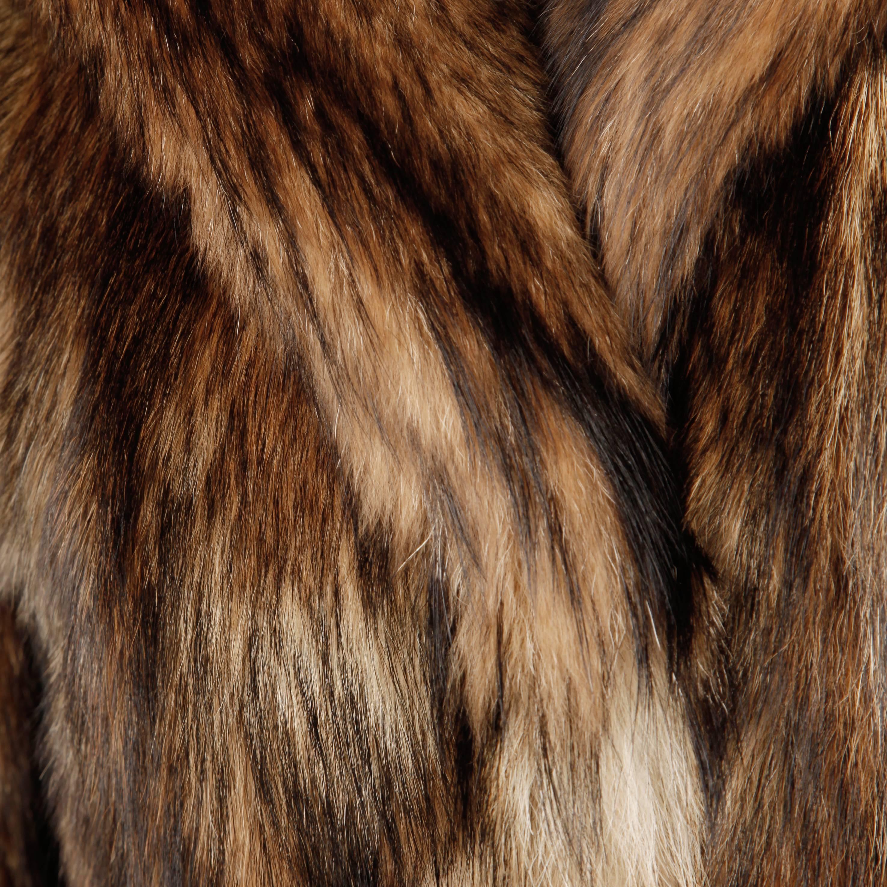 Vintage Brown + Beige Feathered Chevron Wolf Fur Short Car Coat or Jacket 2