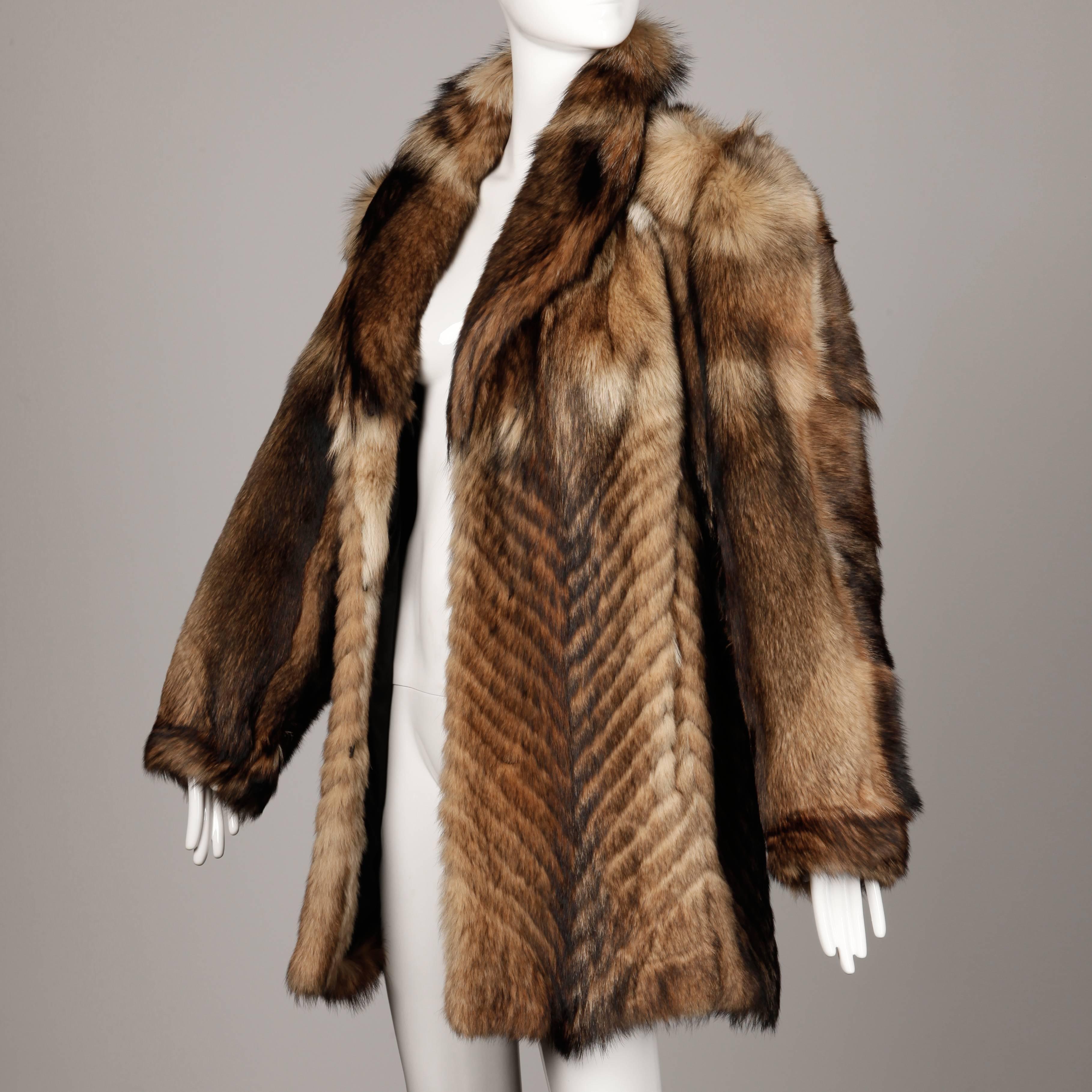 Women's or Men's Vintage Brown + Beige Feathered Chevron Wolf Fur Short Car Coat or Jacket