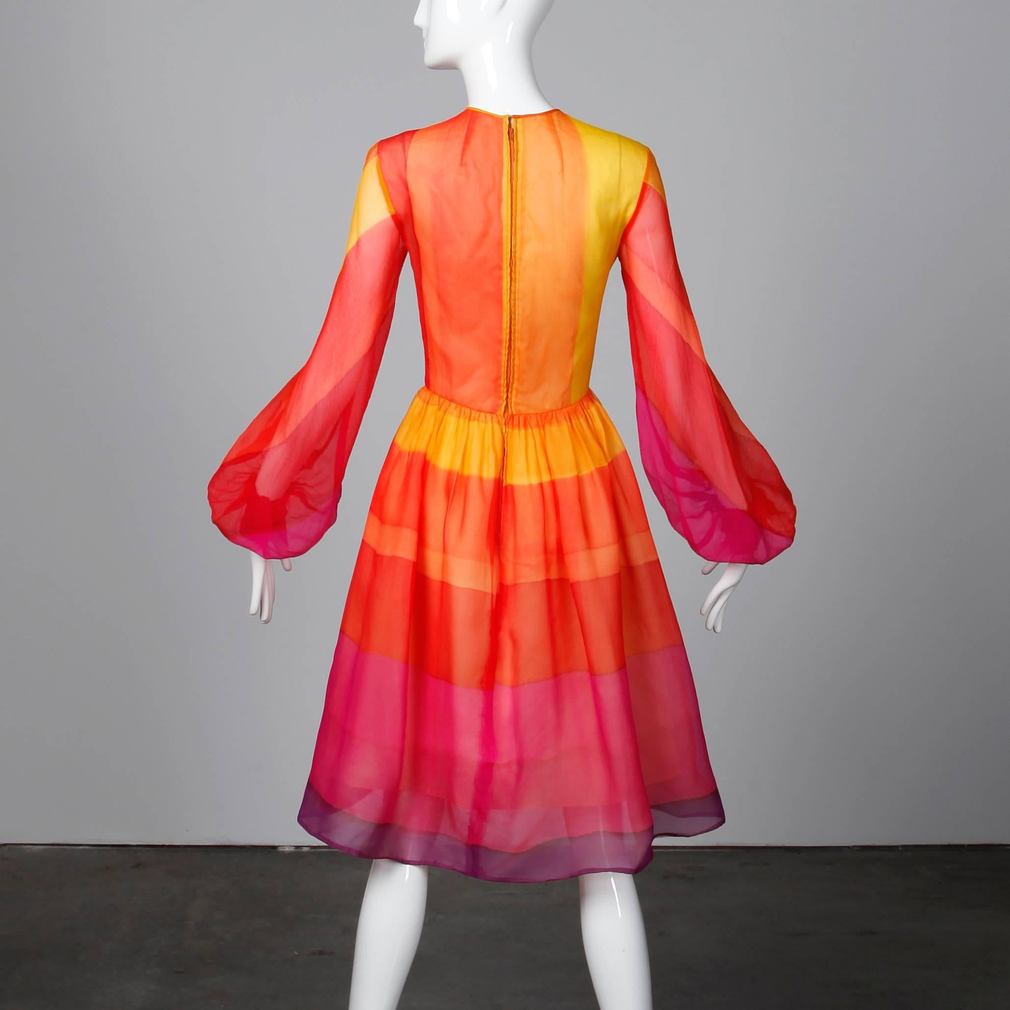 Red 1960s Kiki Hart Vintage Bright Rainbow Dyed Color Block Silk Chiffon Dress