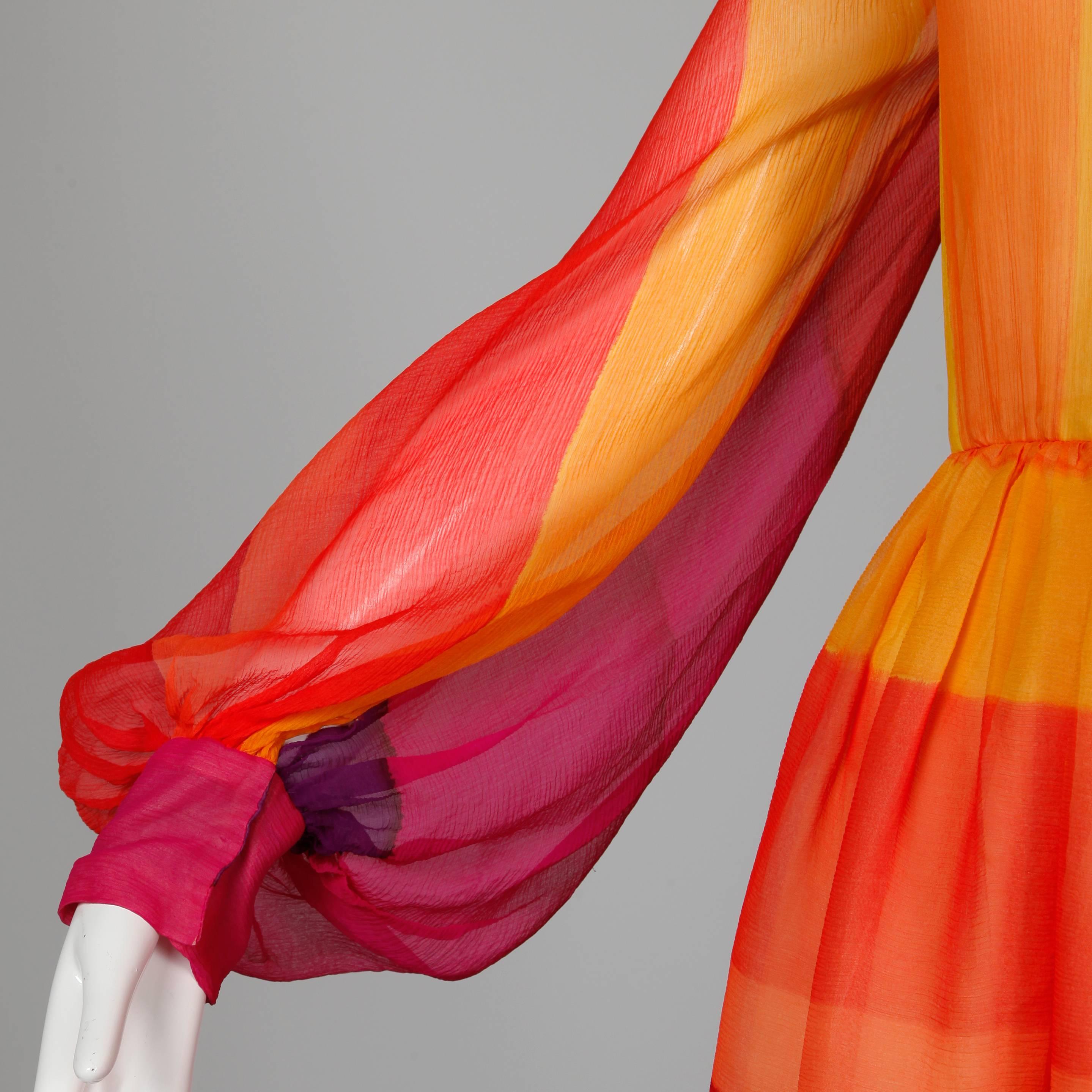 Women's 1960s Kiki Hart Vintage Bright Rainbow Dyed Color Block Silk Chiffon Dress